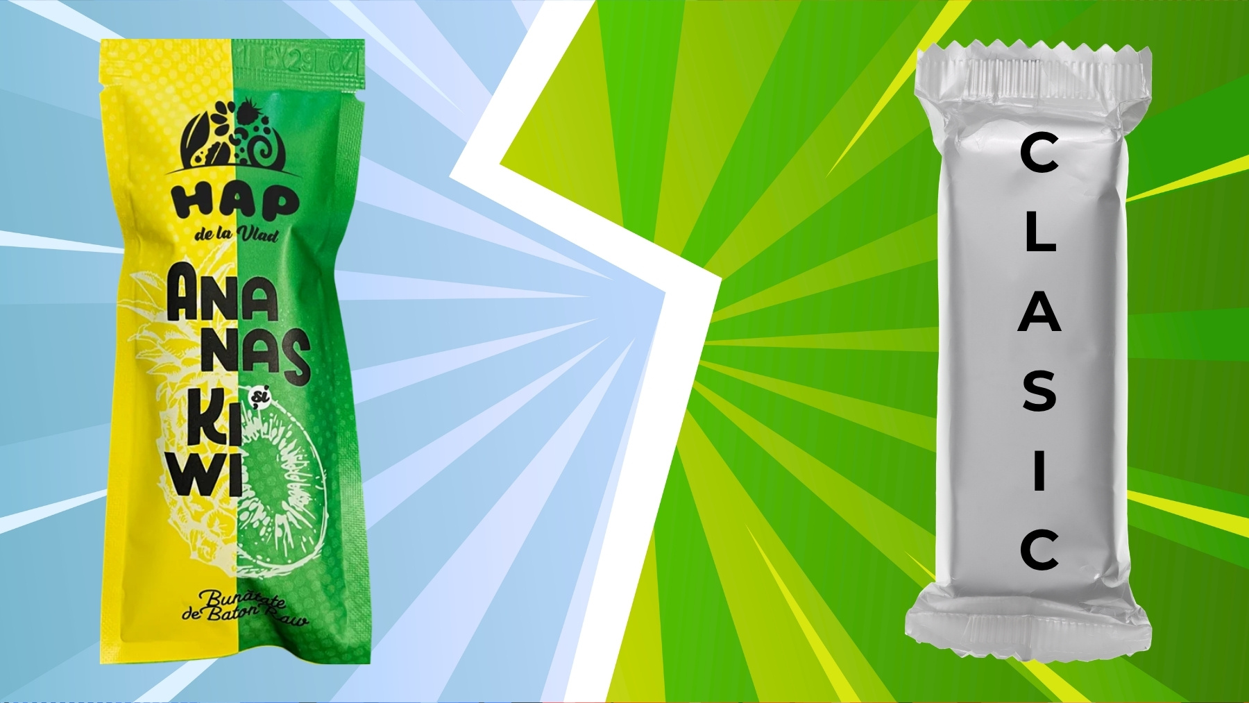 comparatie intre un baton raw vegan HAP cu ananas si kiwi si un baton vegan clasic din comert