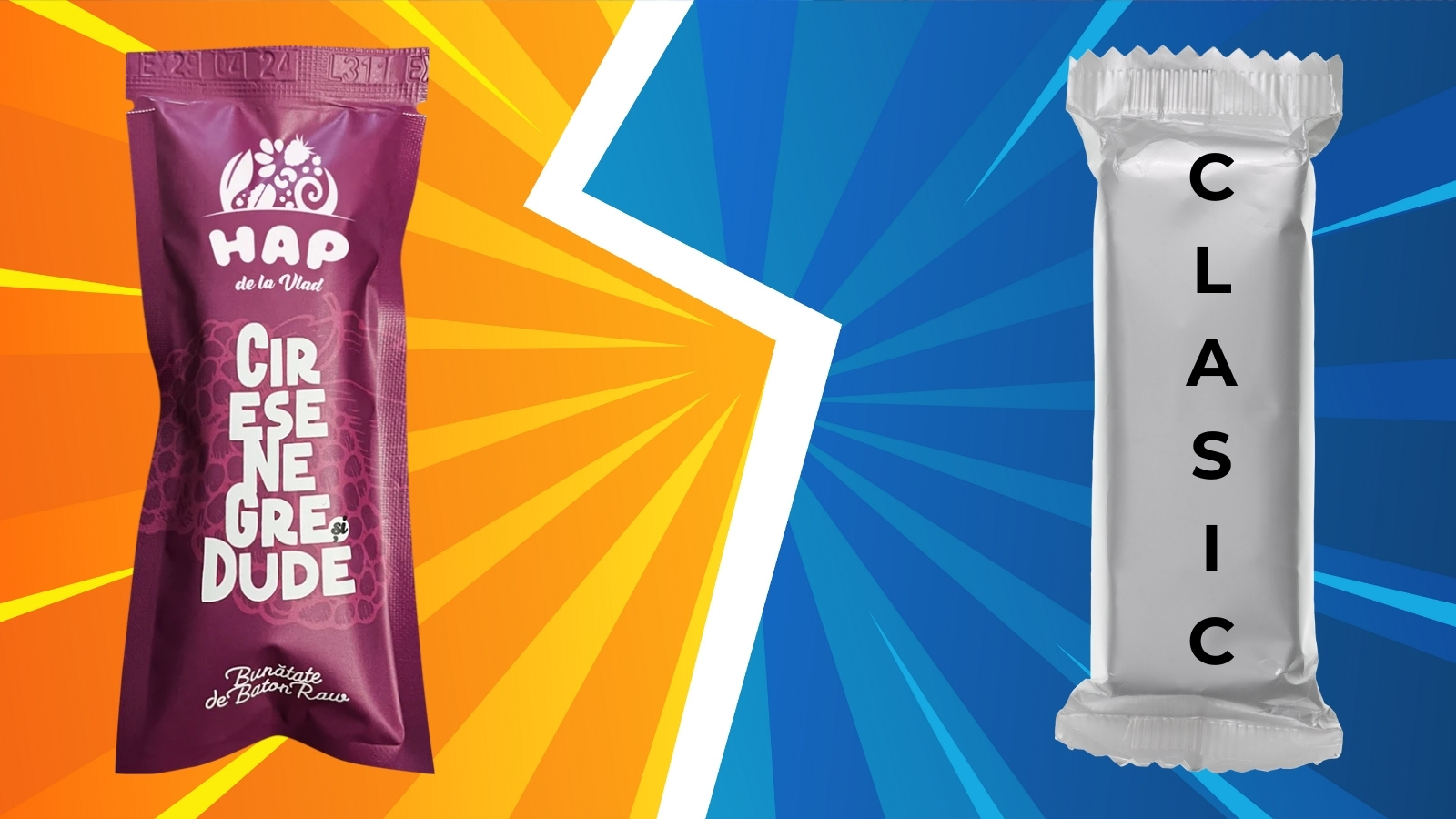 comparatie intre un baton raw vegan cu cirese negre si dude de la HAP de la Vlad si un baton clasic cu zahar adaugat