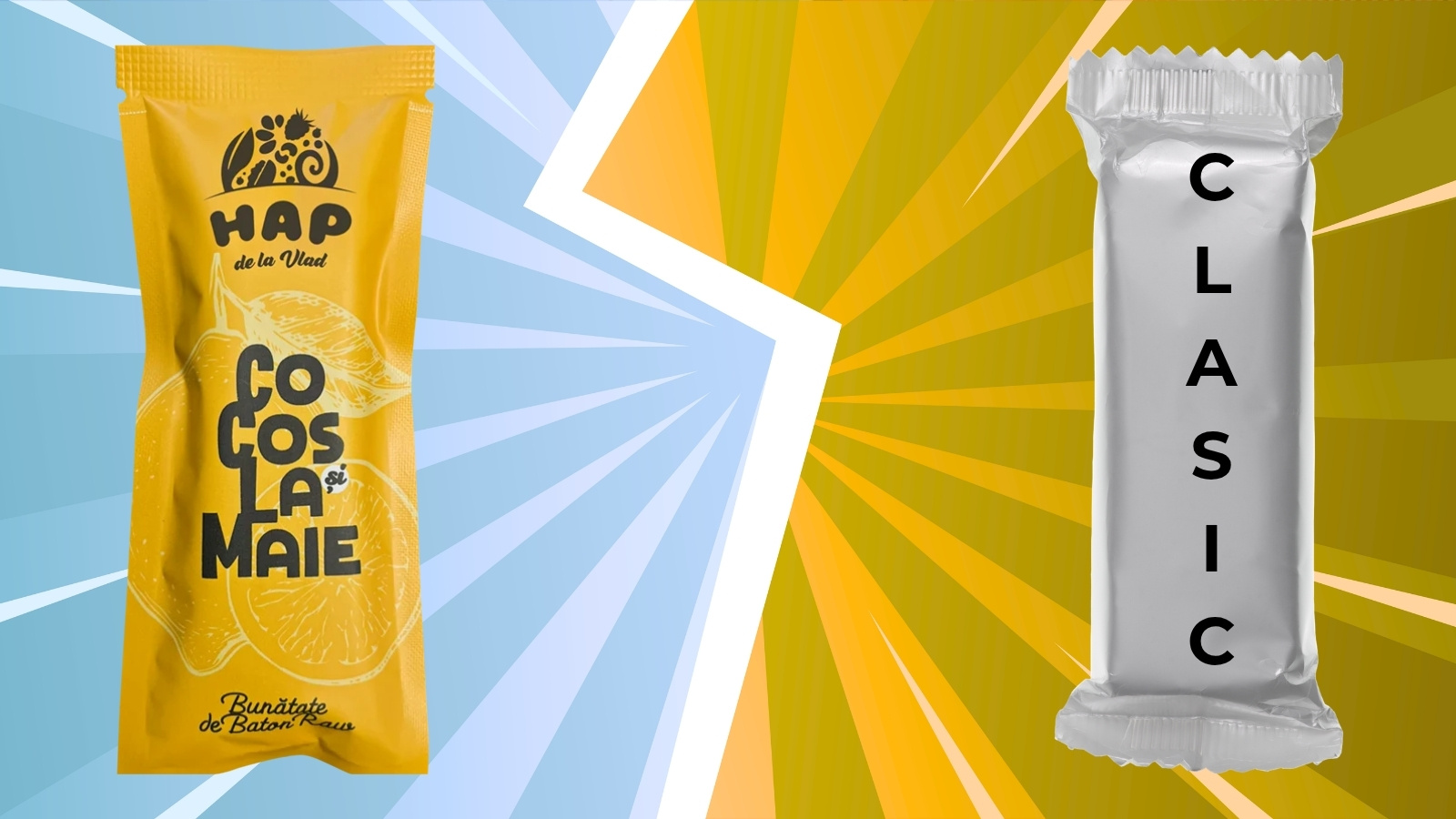 comparatie intre un baton raw vegan HAP cu cocos si lamaie si un baton clasic din comert