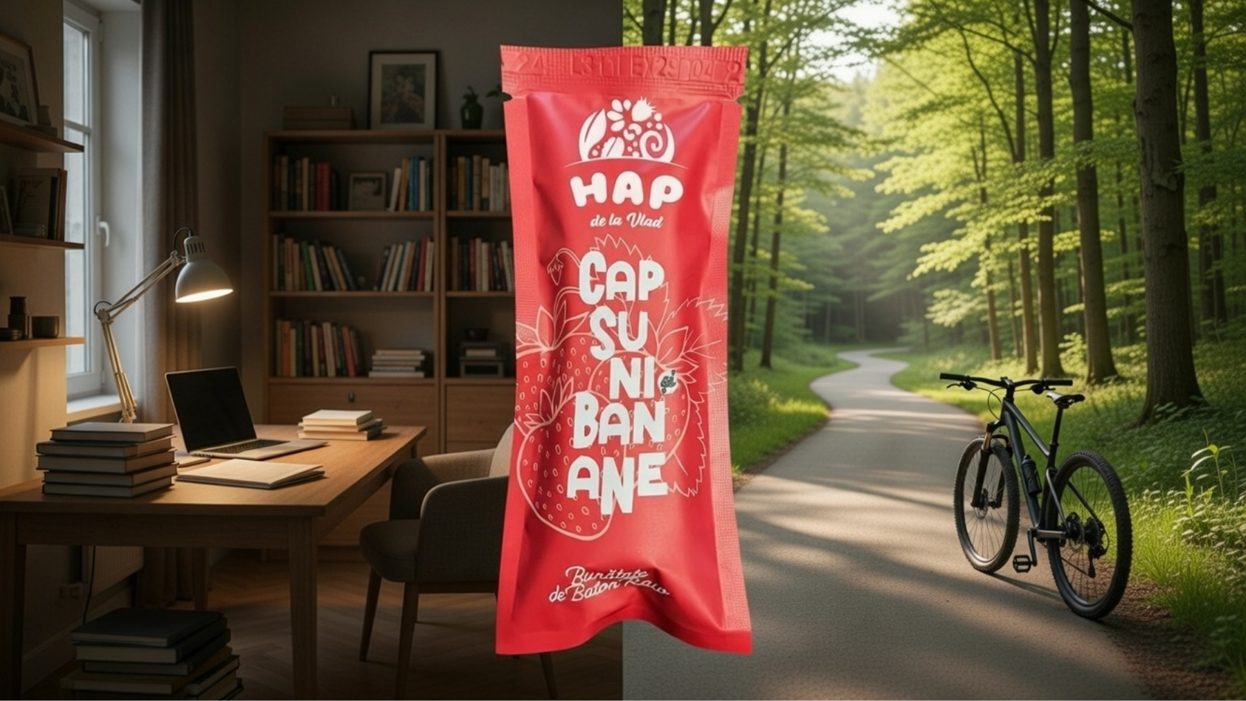 batonul vegan cu capsune si banane de la HAP este potrivit atat la birou cat si in drumetii cu bicicleta