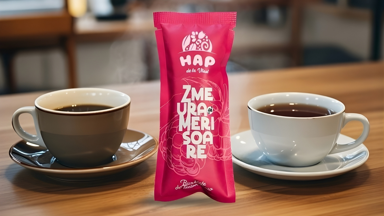 un baton raw vegan de la HAP langa o ceasca de cafea si o ceasca de ceai