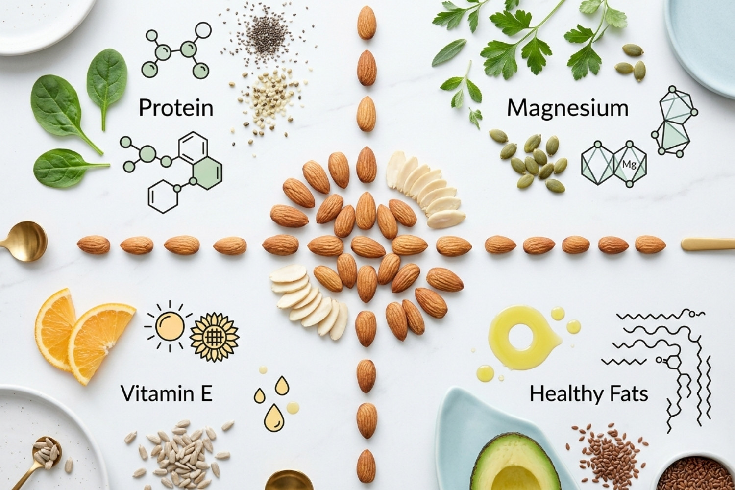 migdale aranjate minimalist pe fundal deschis, simboluri vizuale pentru vitamina E, magneziu, proteine și grăsimi sănătoase