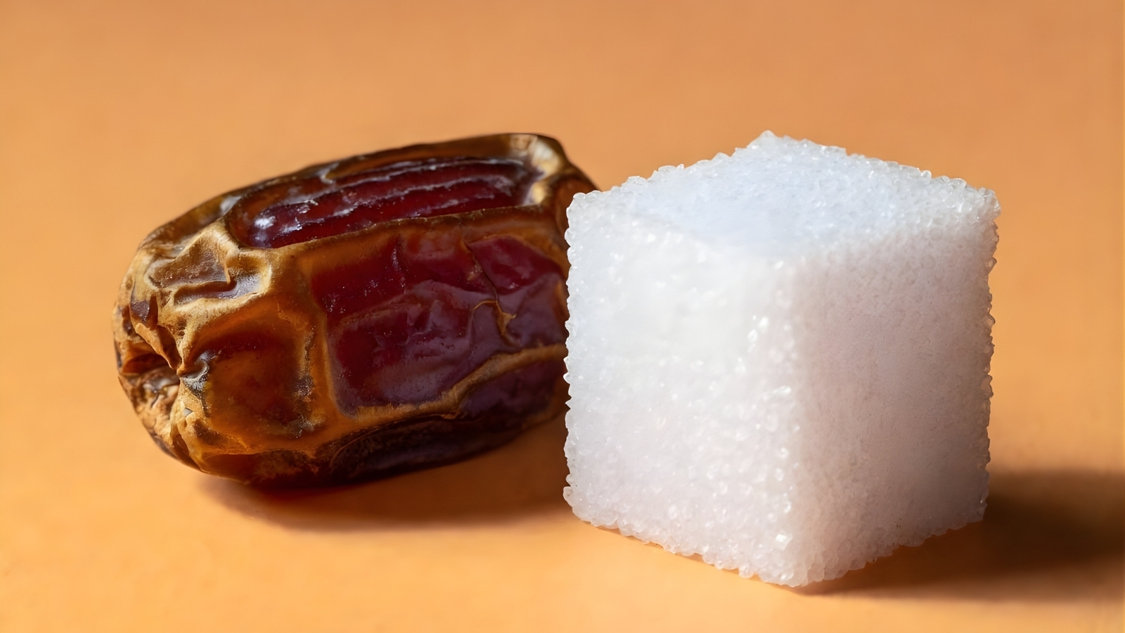 diferenta dintre curmale si zaharul rafinat, fundal portocaliu