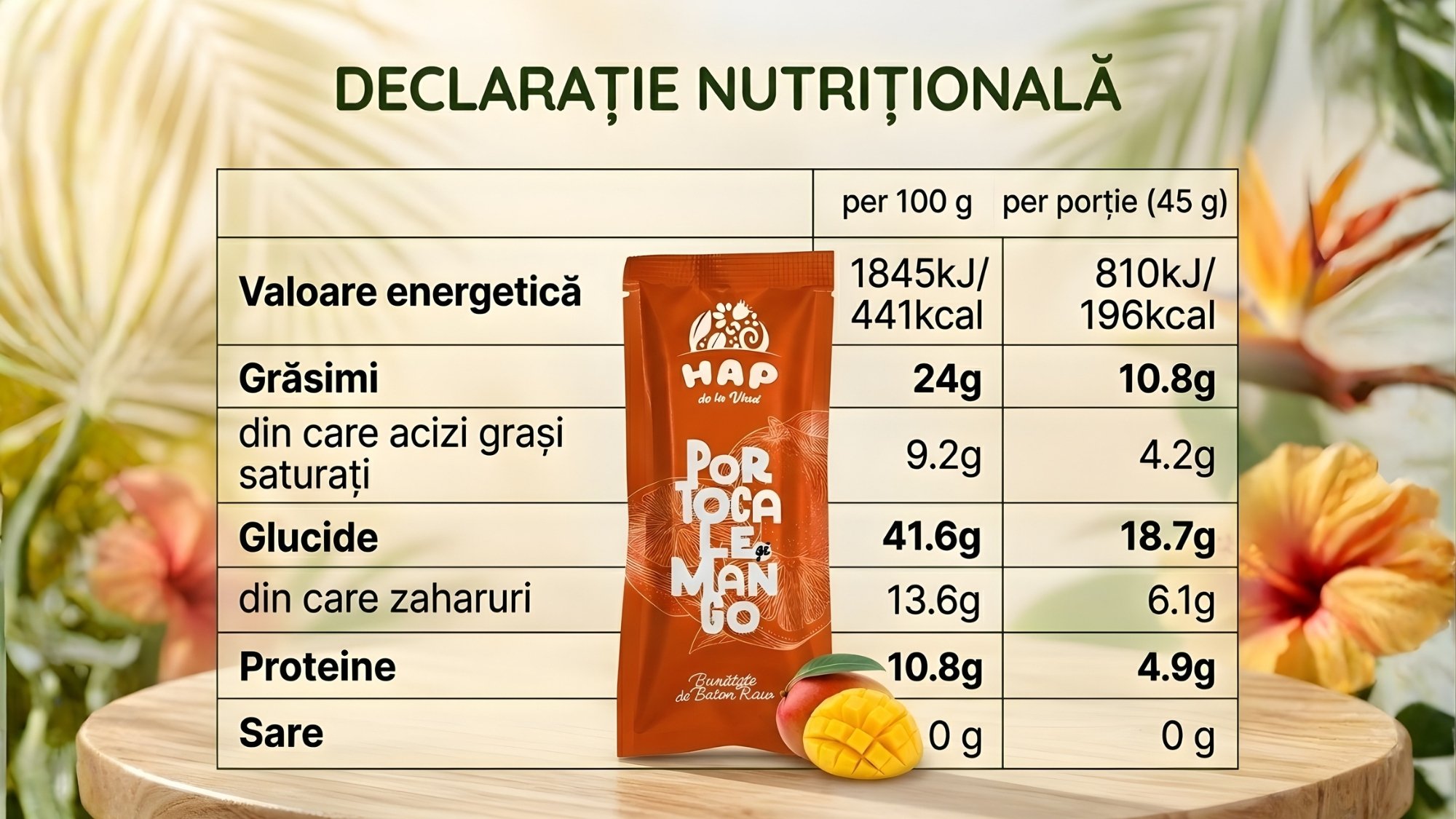 valori nutritionale baton raw vegan cu portocala si mango HAP de la Vlad