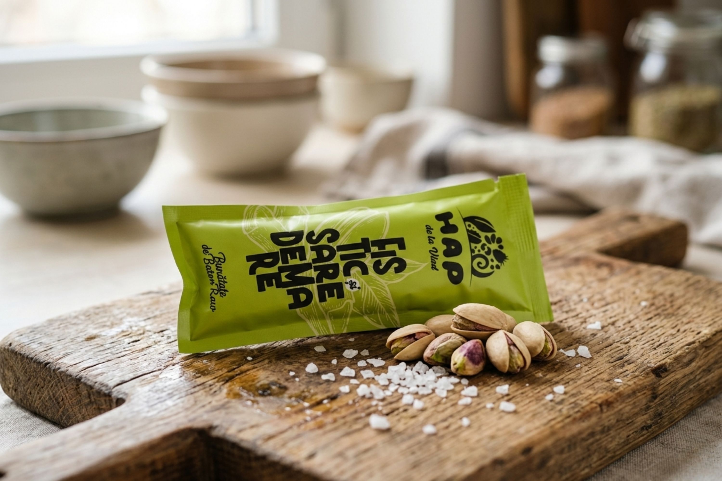 Fotografie în lumină naturală cu un baton raw-vegan HAP cu fistic și sare de mare, rupt în jumătate pentru a arăta textura densă cu bucăți mari de fistic verde și curmale, așezat pe un tocător din lemn rustic.