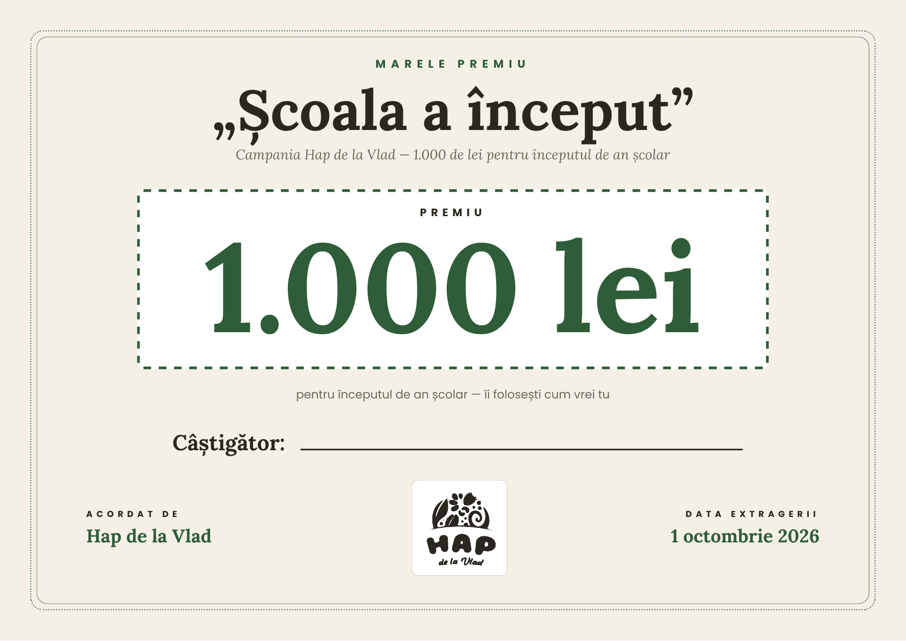 Panou Marele Premiu 1.000 lei — Școala a început
