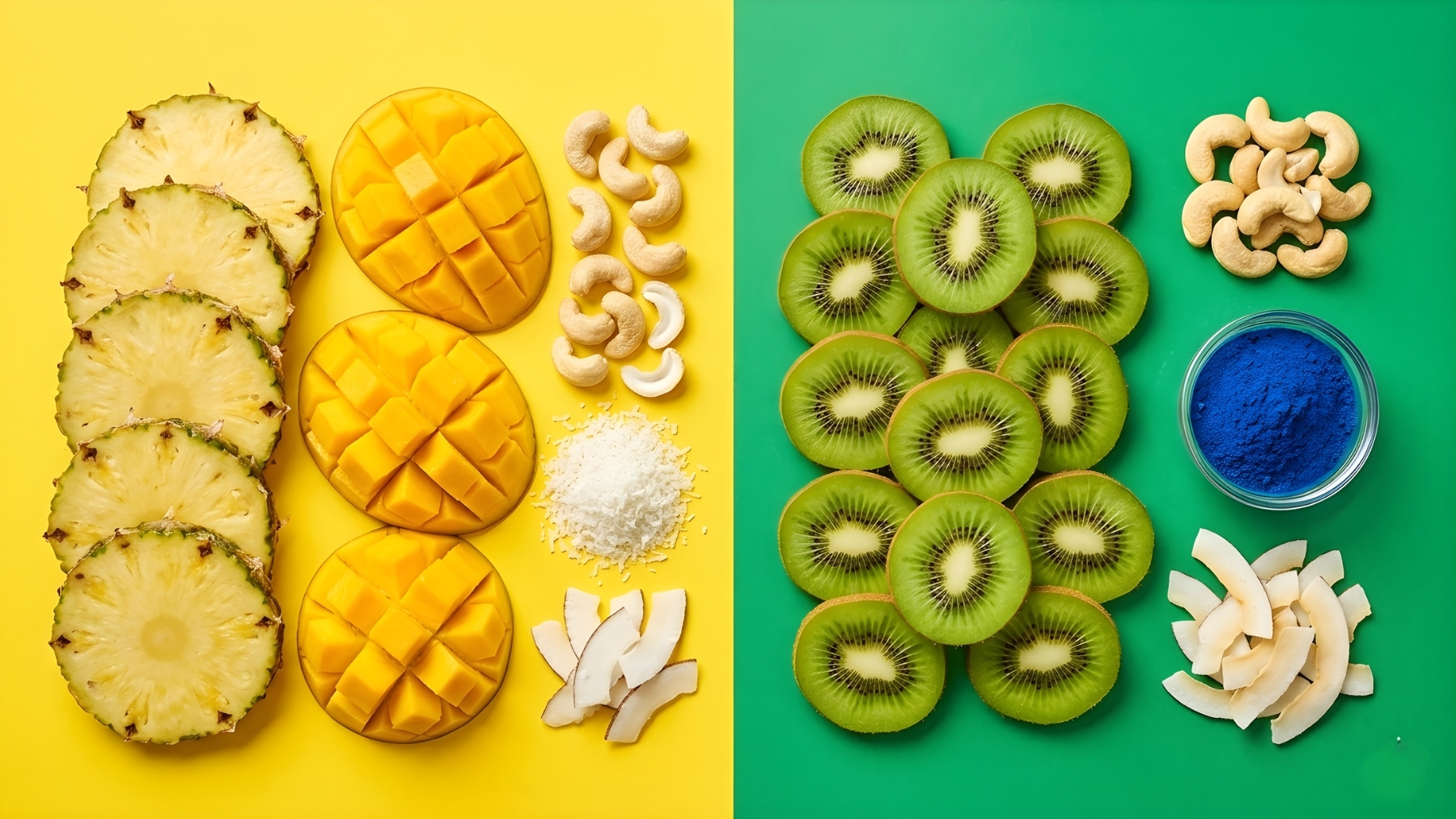 ingrediente baton raw vegan HAP: ananas, mango, kiwi, caju, cocos, spirulina albastra