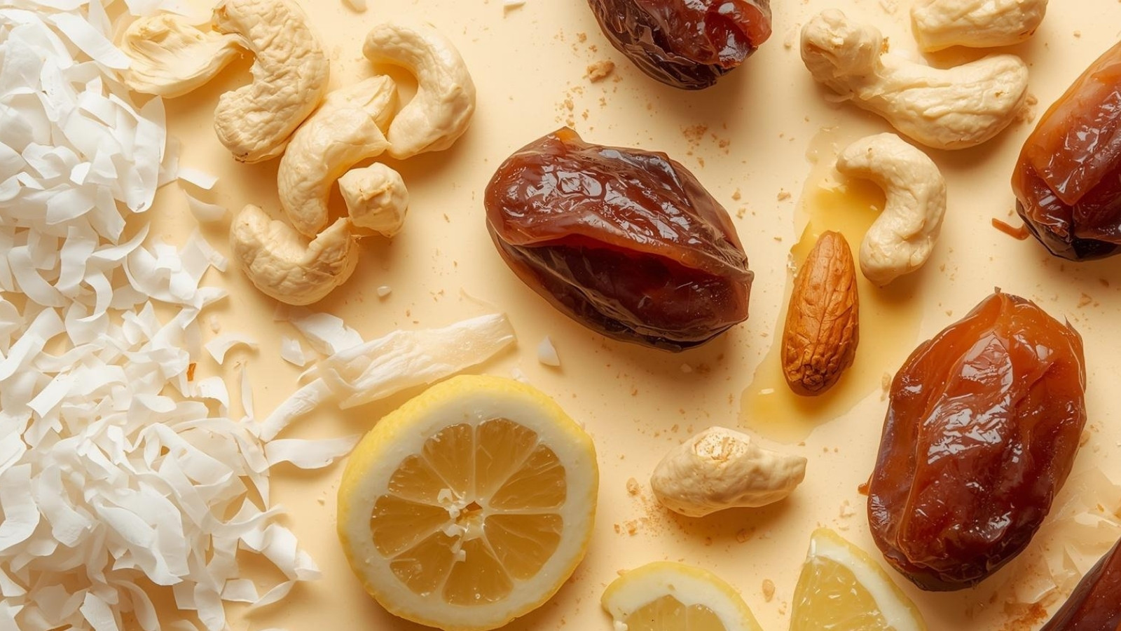 ingrediente baton raw vegan cu cocos si lamaie: cocos, migdale, caju, lamaie