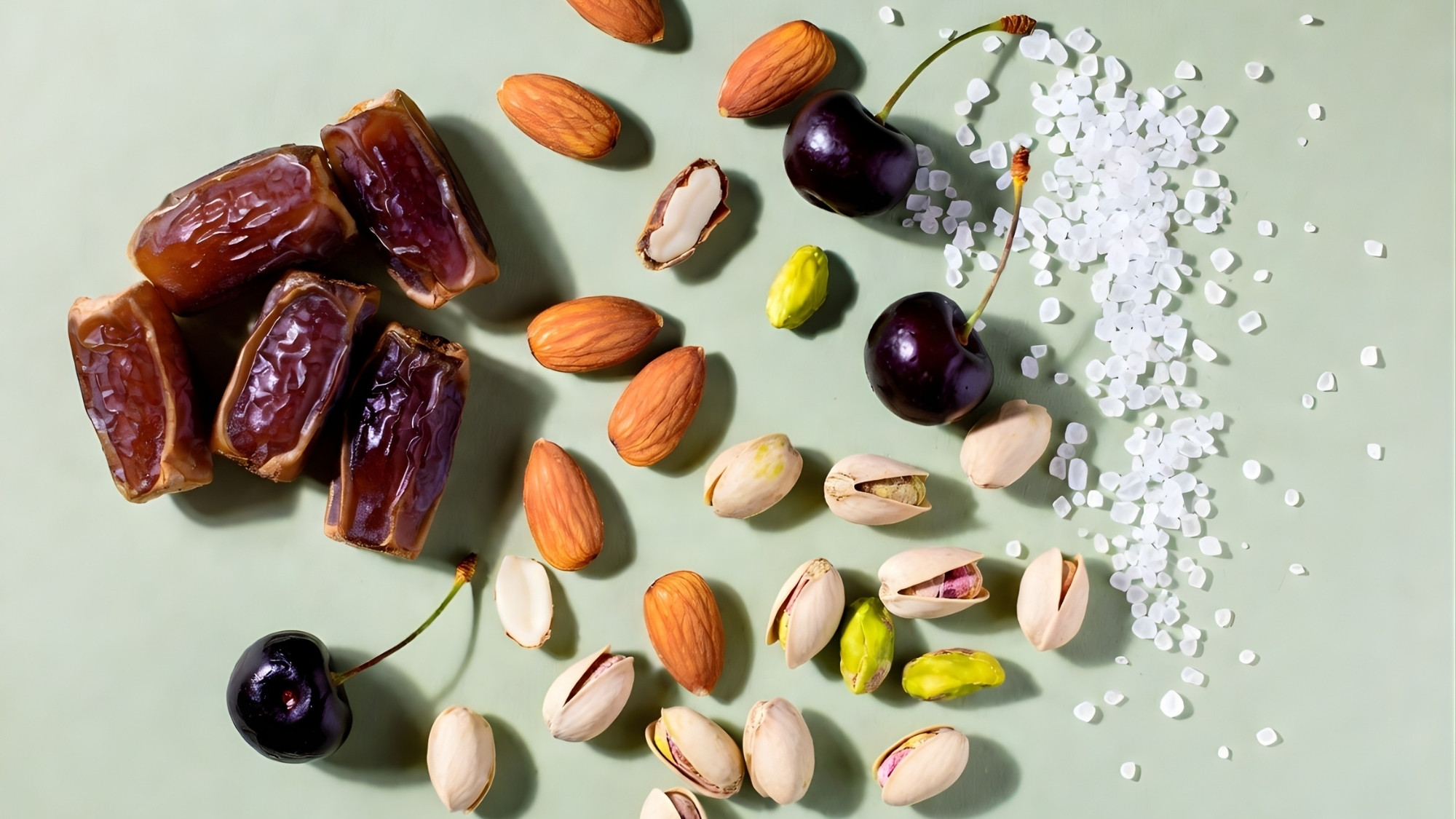 ingrediente baton raw vegan HAP: fistic, sare de mare, curmale, caju, cirese negre