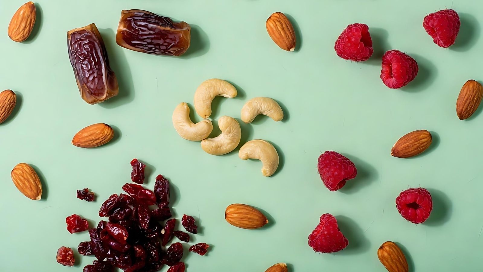 lista ingredinete baton raw vegan cu zmeura HAP: curmale, caju, migdale, merisoare, zmeura