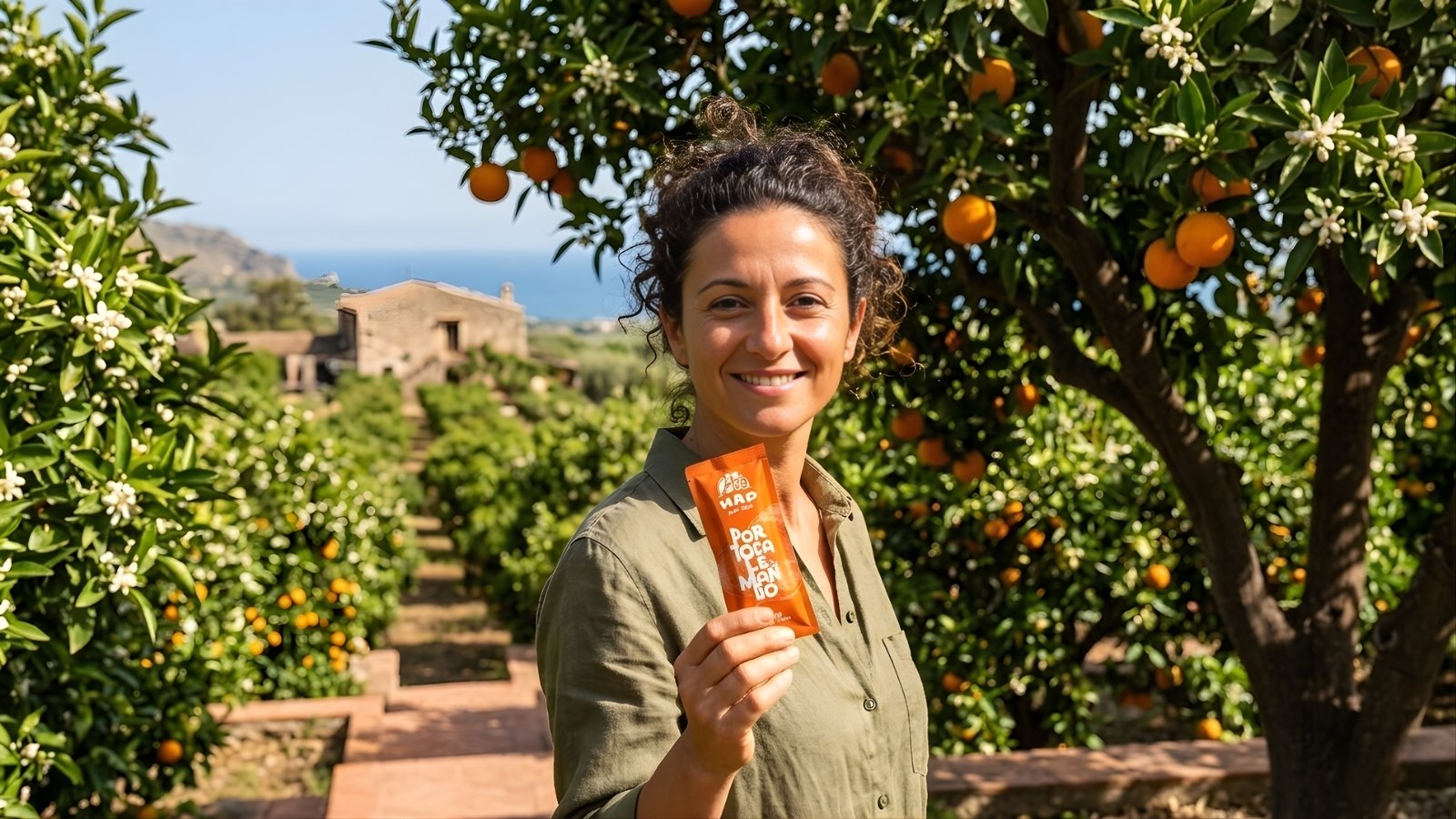 o femeie bruneta intr-o livada de portocali din sicilia care tine in mana un baton raw vegan cu portocale de la HAP