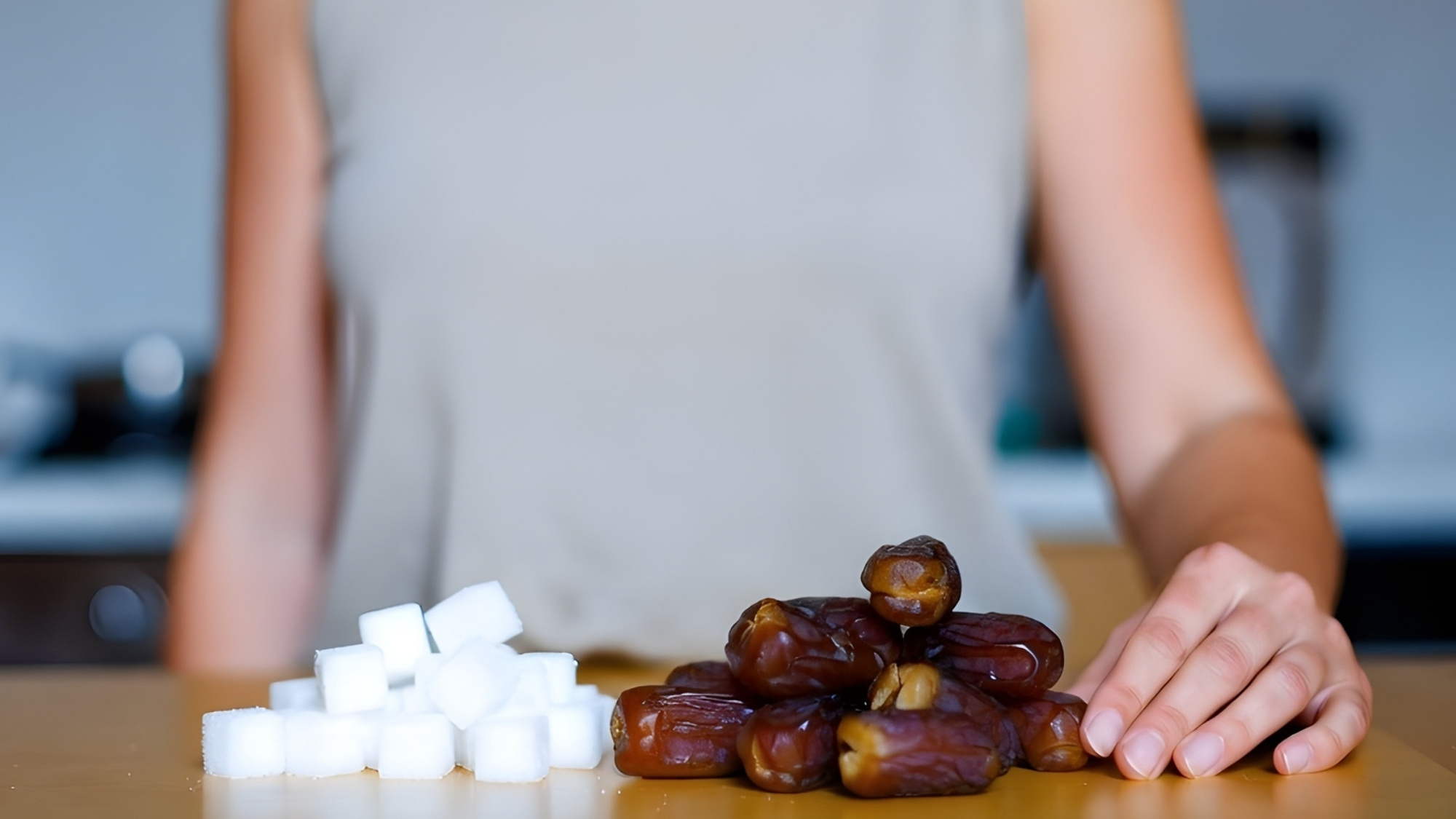 o persoana alege intre cuburi de zahar si curmalele din batoanele vegane HAP