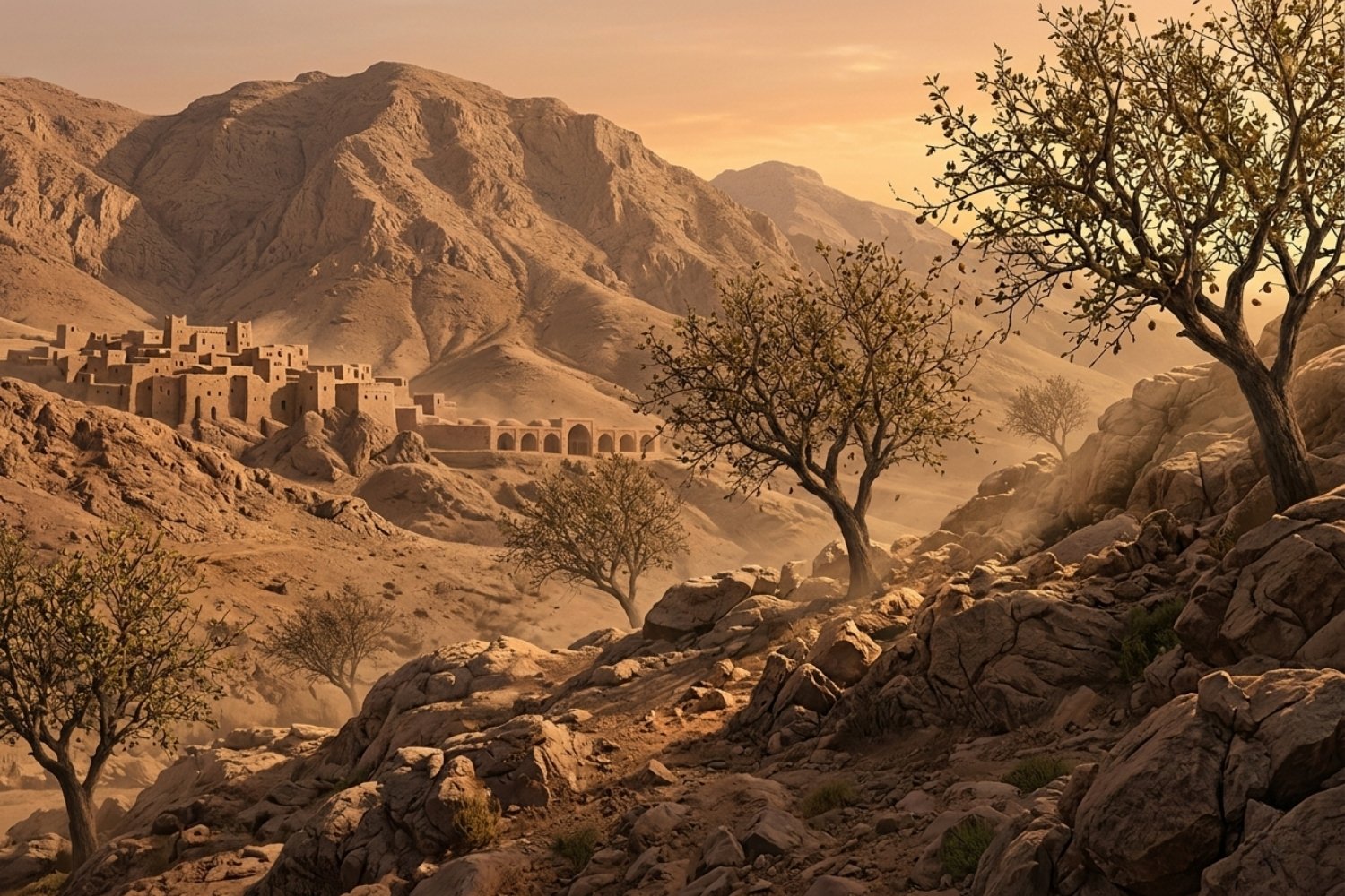 migdali sălbatici într-un peisaj arid din Orientul Mijlociu, cu munți și lumină de apus, atmosferă naturală