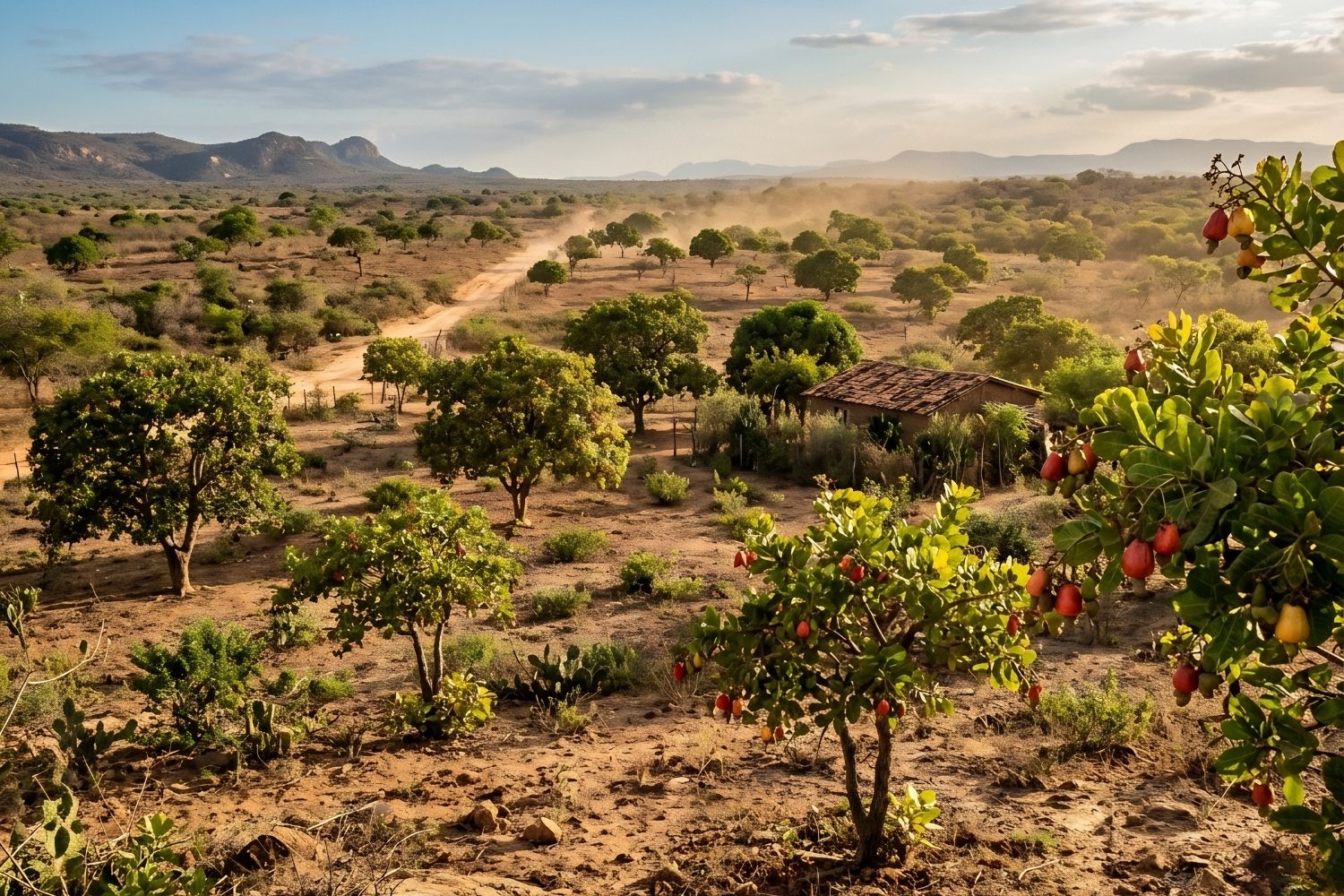 Peisaj tropical din nord-estul Braziliei cu arbori de caju