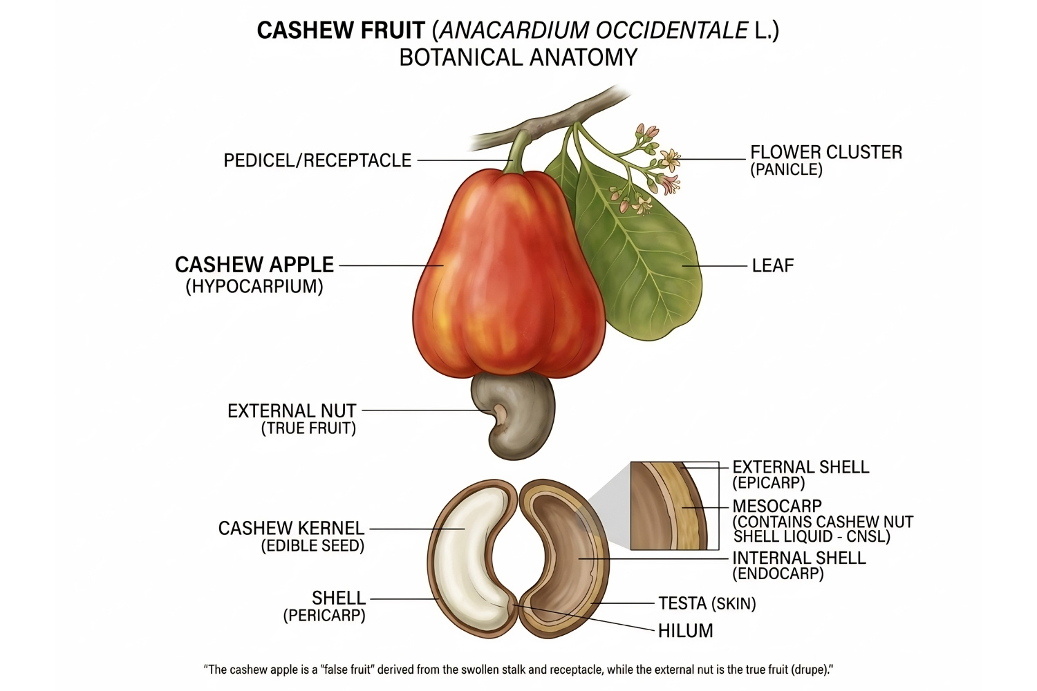 Diagrama realistă a mărului de caju și a sâmburelui exterior