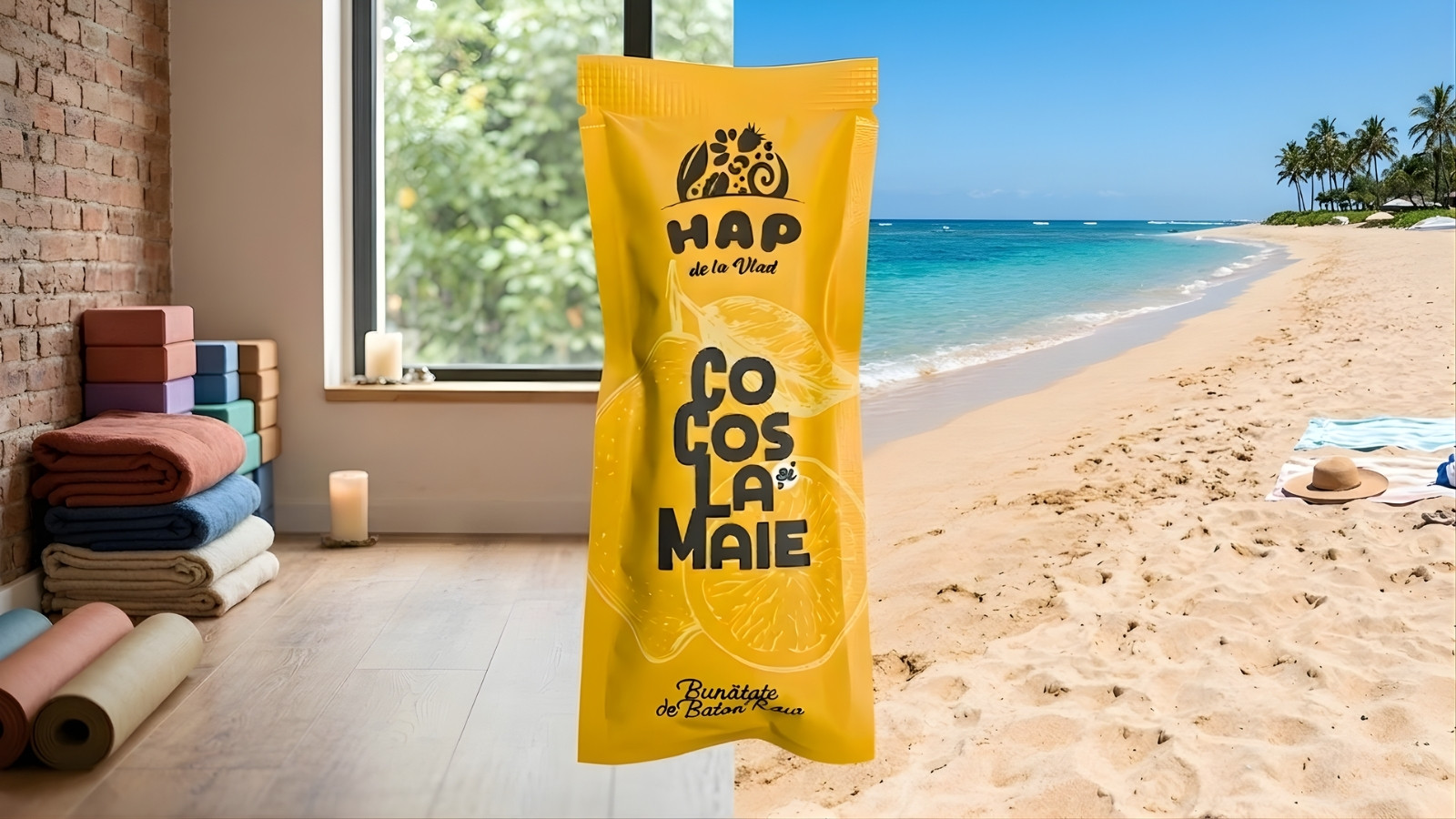 batonul vegan HAP cu cocos si lamaie este potrivit atat la plaja cat si la yoga