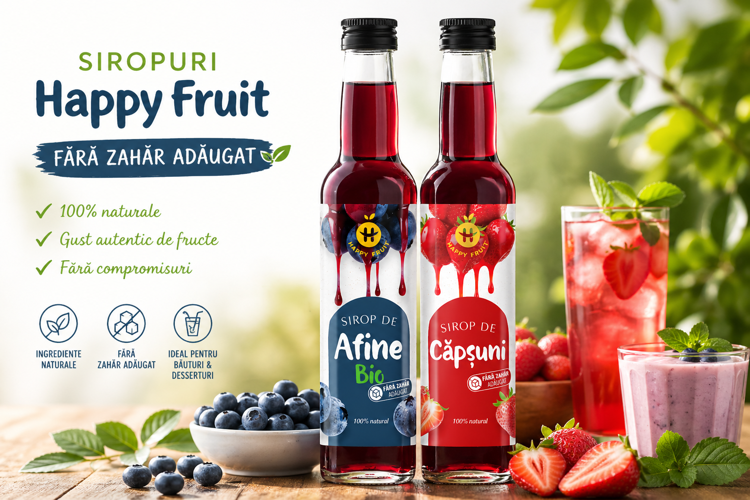 Transformă-ți băuturile în mod natural! Descoperă siropurile Happy Fruit de Afine și Căpșuni