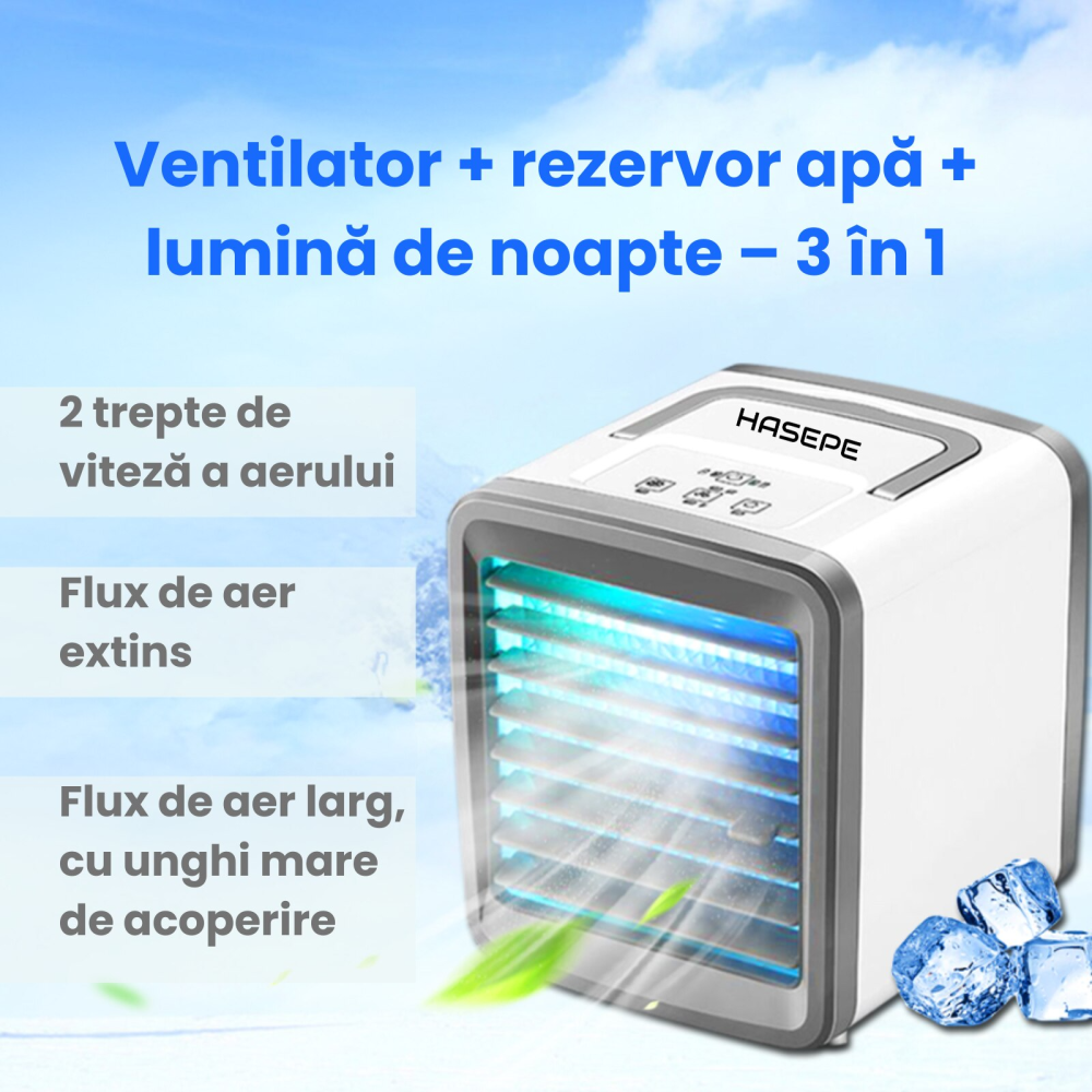 Racitor Ventilator aer portabil HASEPE, Ventilator pulverizare cu Apa, Mini aer USB, Silentios cu 2 viteze 3600 rpm/2700 rpm, Rezervor 200ml, Lumina LED, Buton ON/OFF, Climatizare Personala pentru Bir [7]