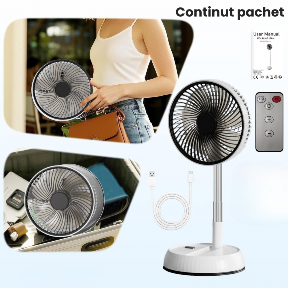 Ventilator portabil telescopic HASEPE, pliabil cu telecomanda, 3 viteze, reglabil pe inaltime 35-85 cm, rotire automata 90°, cap inclinabil 180°, USB, diametru 20 cm, alb [8]