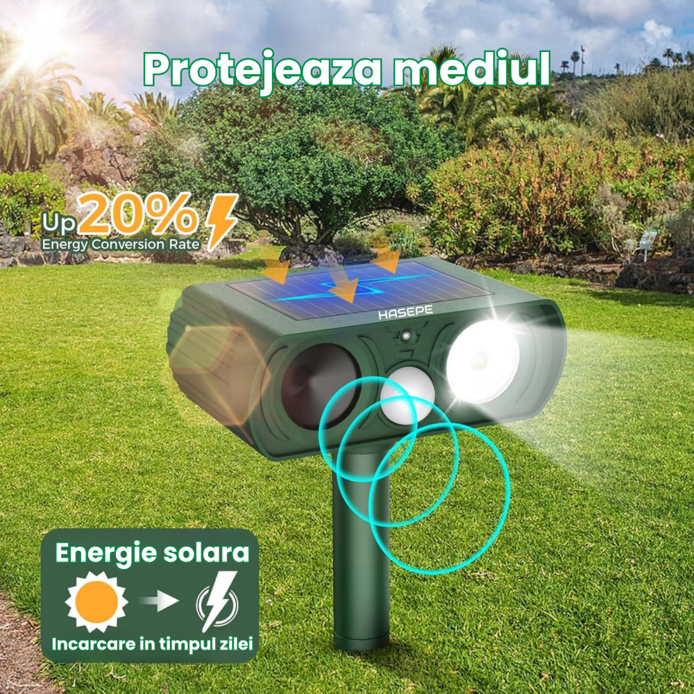 Dispozitiv Ultrasonic Solar Anti-Animale pentru Exterior HASEPE, Senzor de Miscare, LED Intermitent, Rezistent la Apa, Impotriva Pisicilor, Sobolanilor, Cainilor, Ratoni, Caprioare, Protectie Umana pe [3]