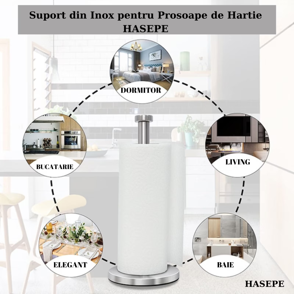 Suport pentru prosoape de hartie HASEPE, Organizator role, Cu baza STABILA, Capacitate buna de incarcare, Rezistent si durabil, Usor de instalat si utilizat, Pentru bucatarie, Baie, Birou, Inox, 33 X  [8]