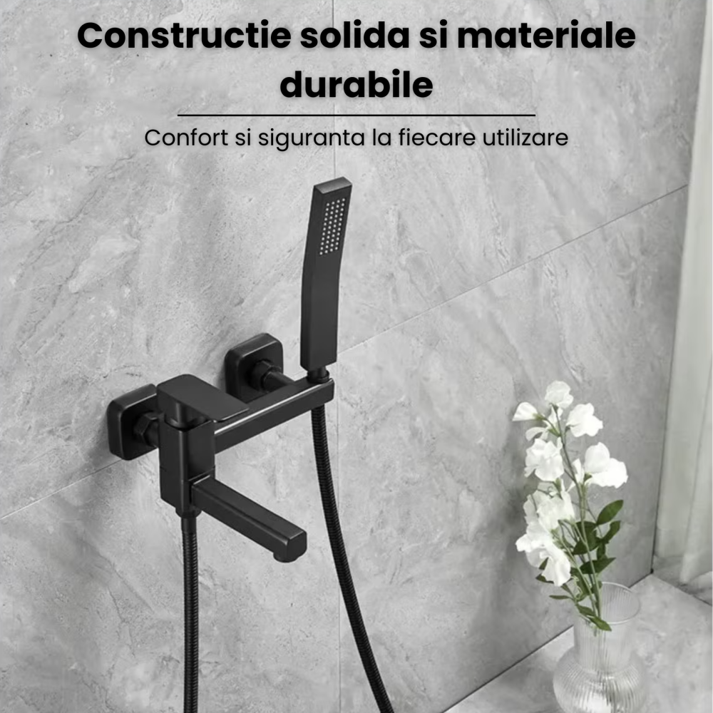 Baterie cada si dus cu montaj in perete HASEPE, cartus ceramic, set de dus si pipa cu comutator, rezistenta la coroziune si uzura, negru [4]