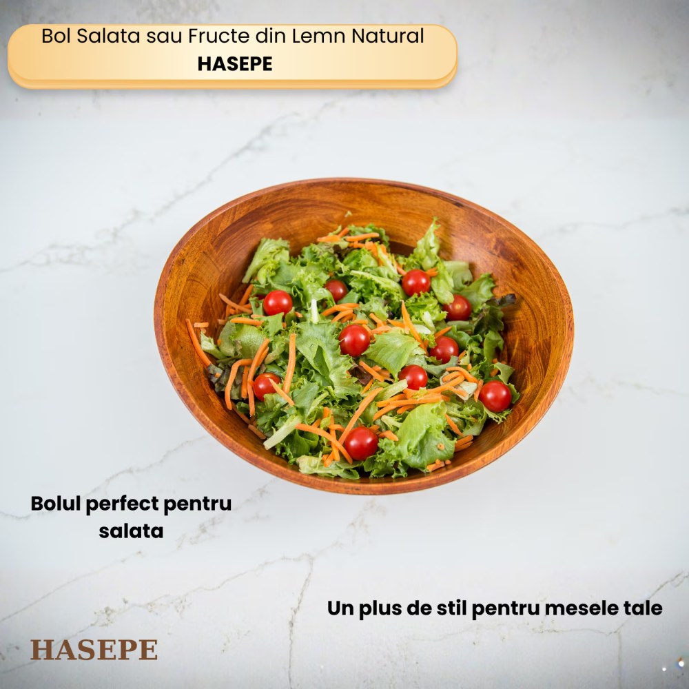 Bol mare pentru salată și fructe HASEPE, design rustic elegant, lemn natural, culoare închisă, 29x10.5cm, capacitate 3.5L [8]