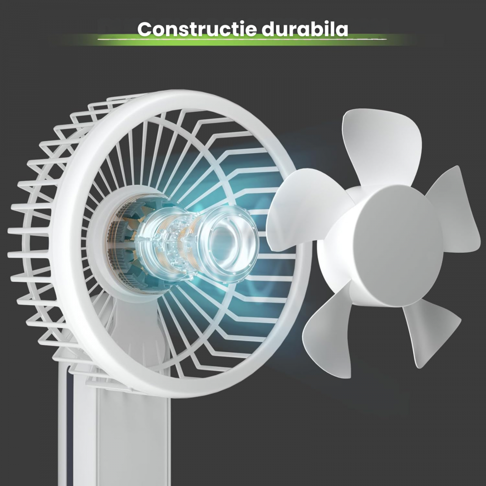 Ventilator portabil pliabil USB HASEPE, 3 viteze, rotire 180°, diametru 21 cm, autonomie 1,5–5 ore, compact si silentios, ideal pentru birou, plaja, calatorii, alb [8]
