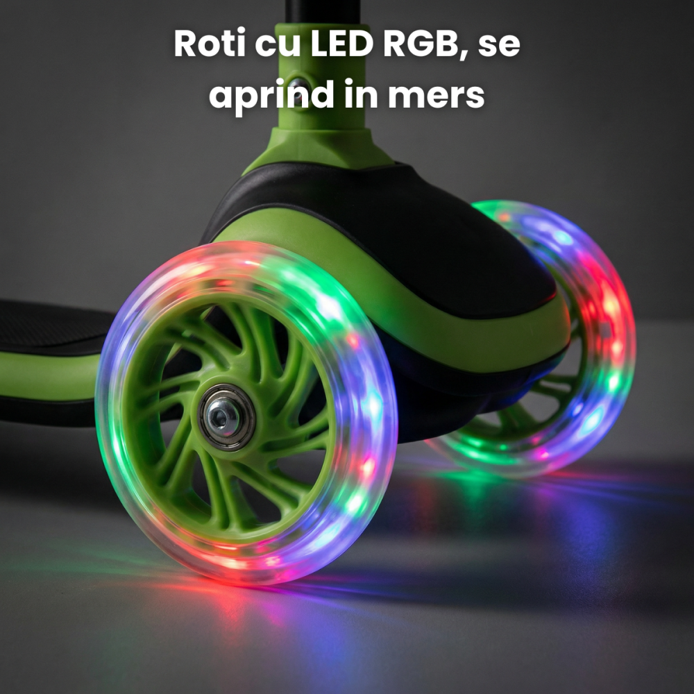 Trotineta Copii HASEPE Cu 3 Roti, Trotineta Cu Led In Roti, Inaltime 80 Cm, Ghidon Stabil, Design Pentru Echilibru, Trotineta Pentru Copii Usor De Folosit, Culoare Verde, Trotineta Copii Pentru Joaca [3]
