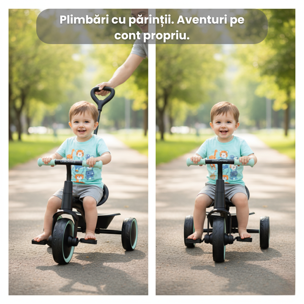 Tricicleta 2 in 1 HASEPE, cadru metalic si maner de control detasabil, roti mari, centura de siguranta in 3 puncte, cosulet pentru depozitare [2]