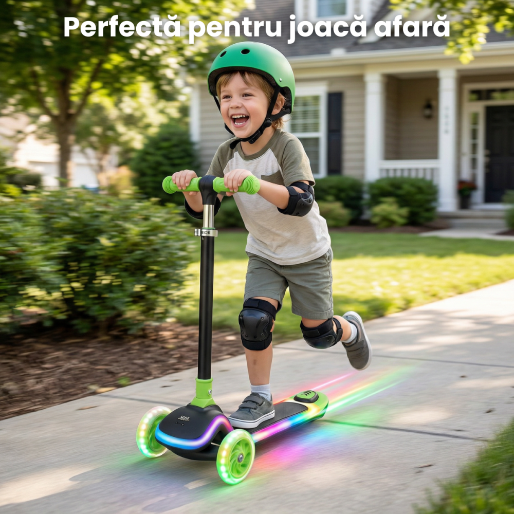 Trotineta Copii HASEPE Cu 3 Roti, Trotineta Cu Led In Roti, Inaltime 80 Cm, Ghidon Stabil, Design Pentru Echilibru, Trotineta Pentru Copii Usor De Folosit, Culoare Verde, Trotineta Copii Pentru Joaca [5]