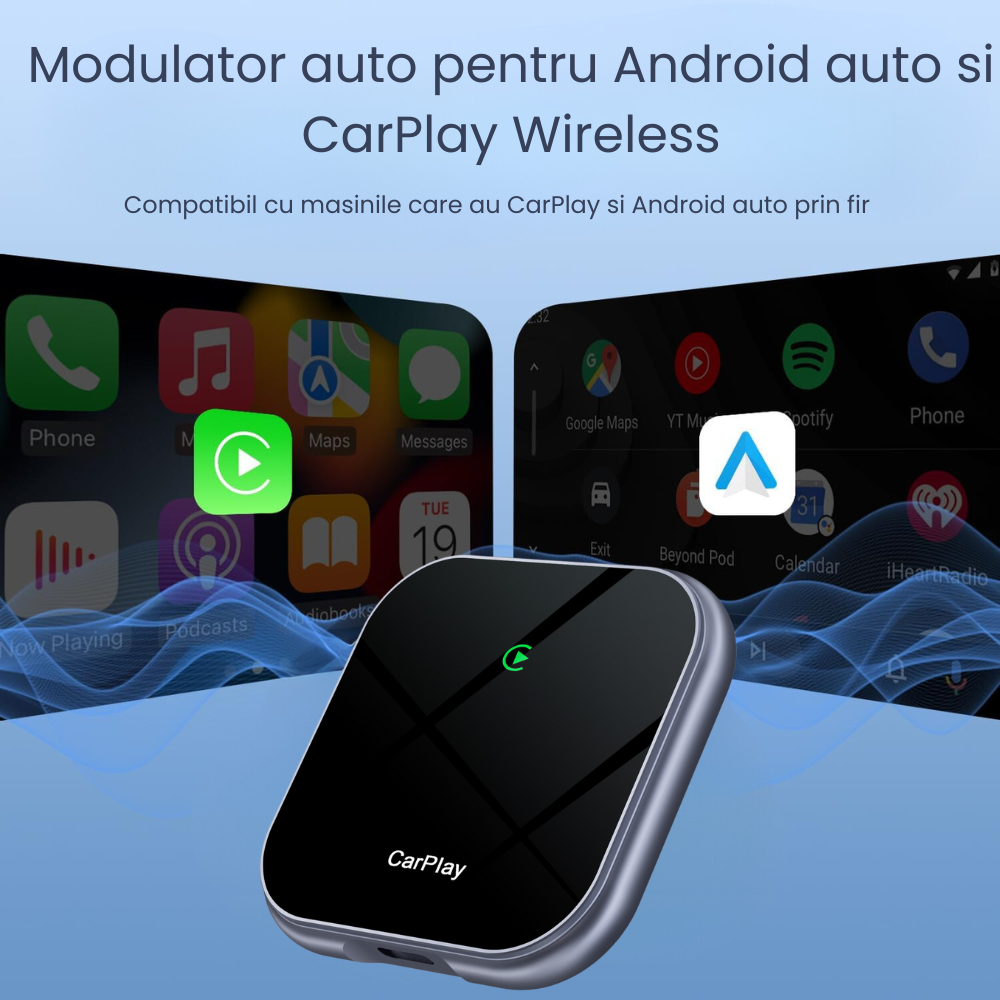 Modulator Auto CarPlay si Android Auto Wireless 2 in 1 HASEPE, Plug & Play, Compatibil iOS 10+ si Android 11+, WiFi 2.4/5Ghz, Procesor AI, Conectare Automata, Upgrade Masini cu CarPlay/Android Auto [2]