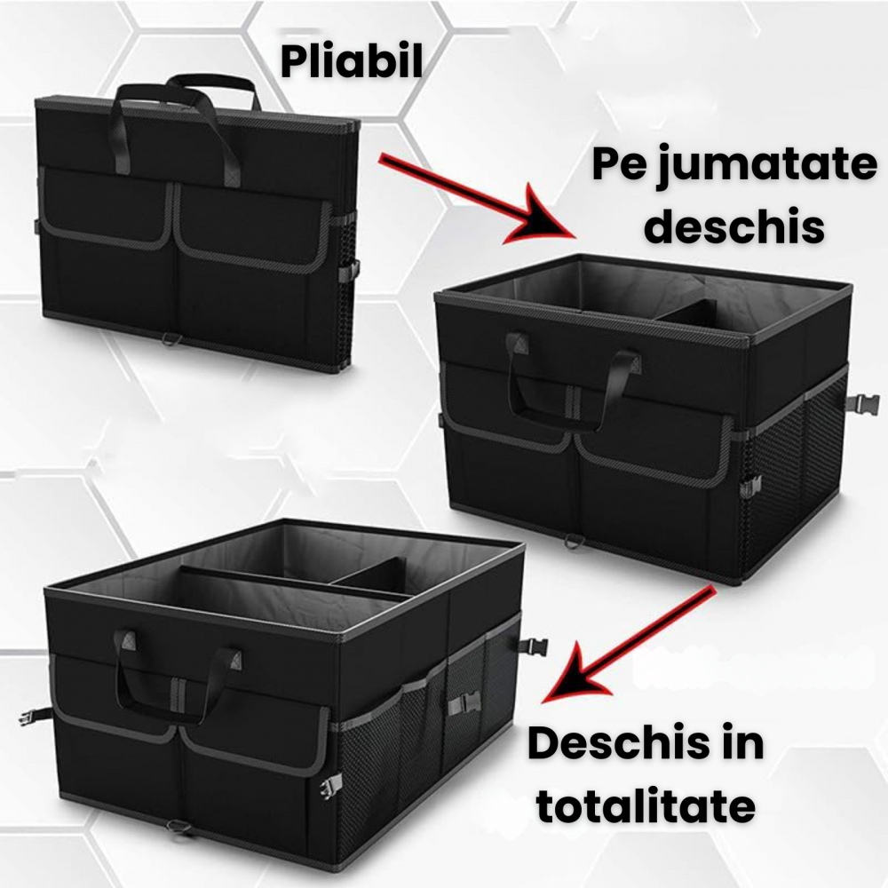 Organizator portbagaj auto 60L HASEPE, Multifunctional, Pliabil, Capac detasabil, Curele fixare, 3 compartimente, 51x32x37 cm, negru [6]