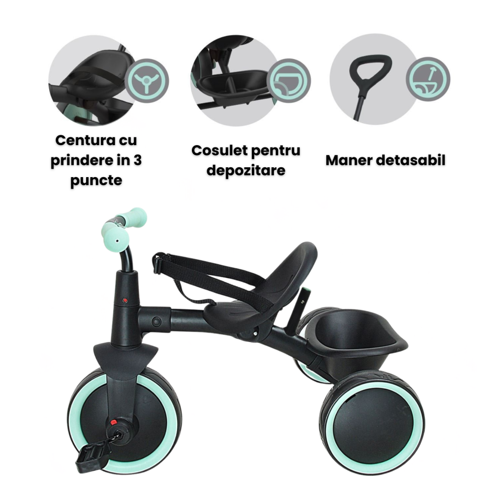 Tricicleta 2 in 1 HASEPE, cadru metalic si maner de control detasabil, roti mari, centura de siguranta in 3 puncte, cosulet pentru depozitare [3]