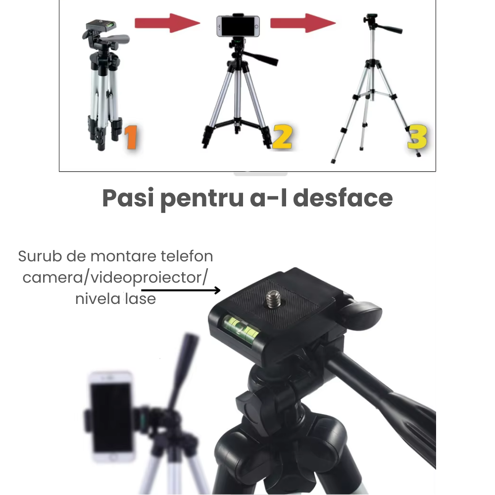Trepied Foto Aluminiu Profesional HASEPE, cu Rotire 360 Grade si Inclinare 90 de Grade, Inaltime Ajustabila 35-102 cm, Nivela Inclusa, Usor de Utilizat pentru Camera, Telefon Mobil, Videoproiector, Ni [5]