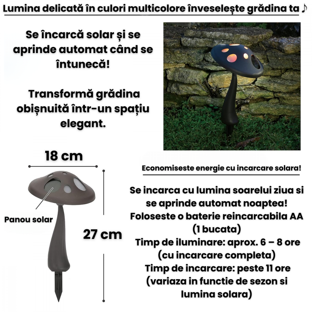 Lampa Solara LED Ciuperca Multicolora HASEPE, Fixare cu Tarus, Rotativa, Ecologica, Baterie Reincarcabila, 18x27cm [3]