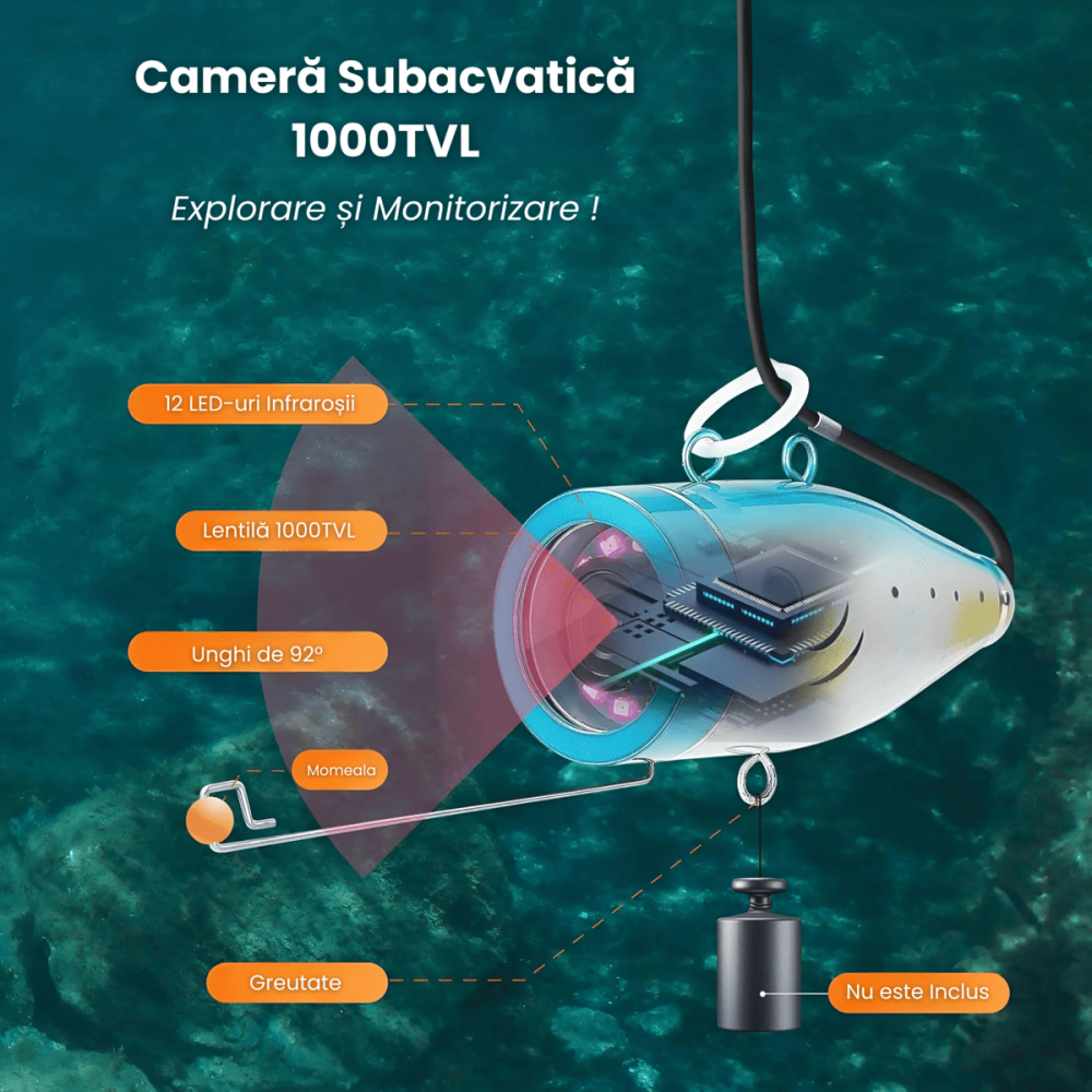 Camera Subacvatica Pescuit HASEPE, 1000TVL HD, Ecran 7", 12 LED + 12 IR, Baterie 4500mAh, Cablu 30m, Cutie Aluminiu, Pescuit la Copca, Lac, Barca [4]