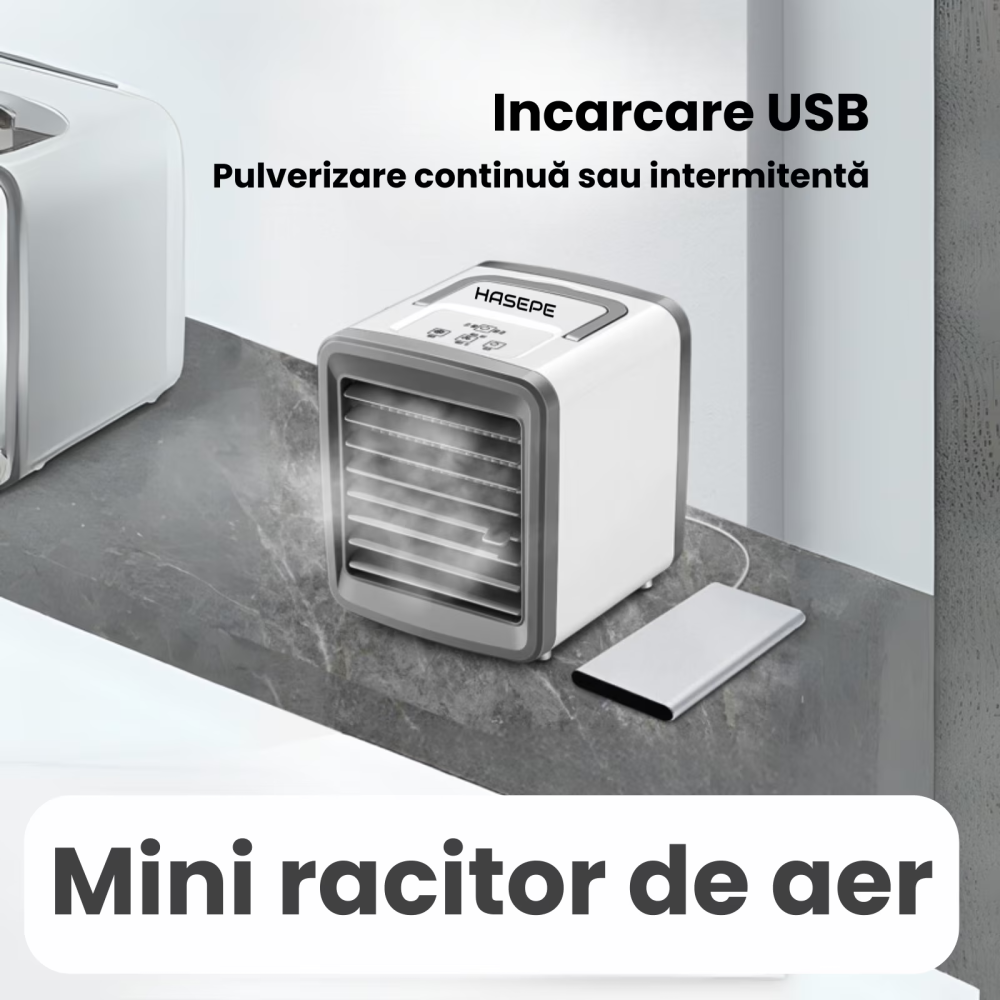 Racitor Ventilator aer portabil HASEPE, Ventilator pulverizare cu Apa, Mini aer USB, Silentios cu 2 viteze 3600 rpm/2700 rpm, Rezervor 200ml, Lumina LED, Buton ON/OFF, Climatizare Personala pentru Bir [3]