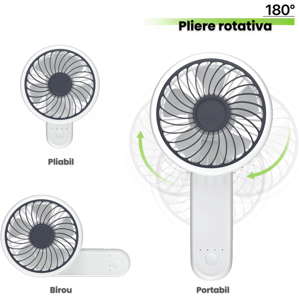 Ventilator portabil pliabil USB HASEPE, 3 viteze, rotire 180°, diametru 21 cm, autonomie 1,5–5 ore, compact si silentios, ideal pentru birou, plaja, calatorii, alb [5]
