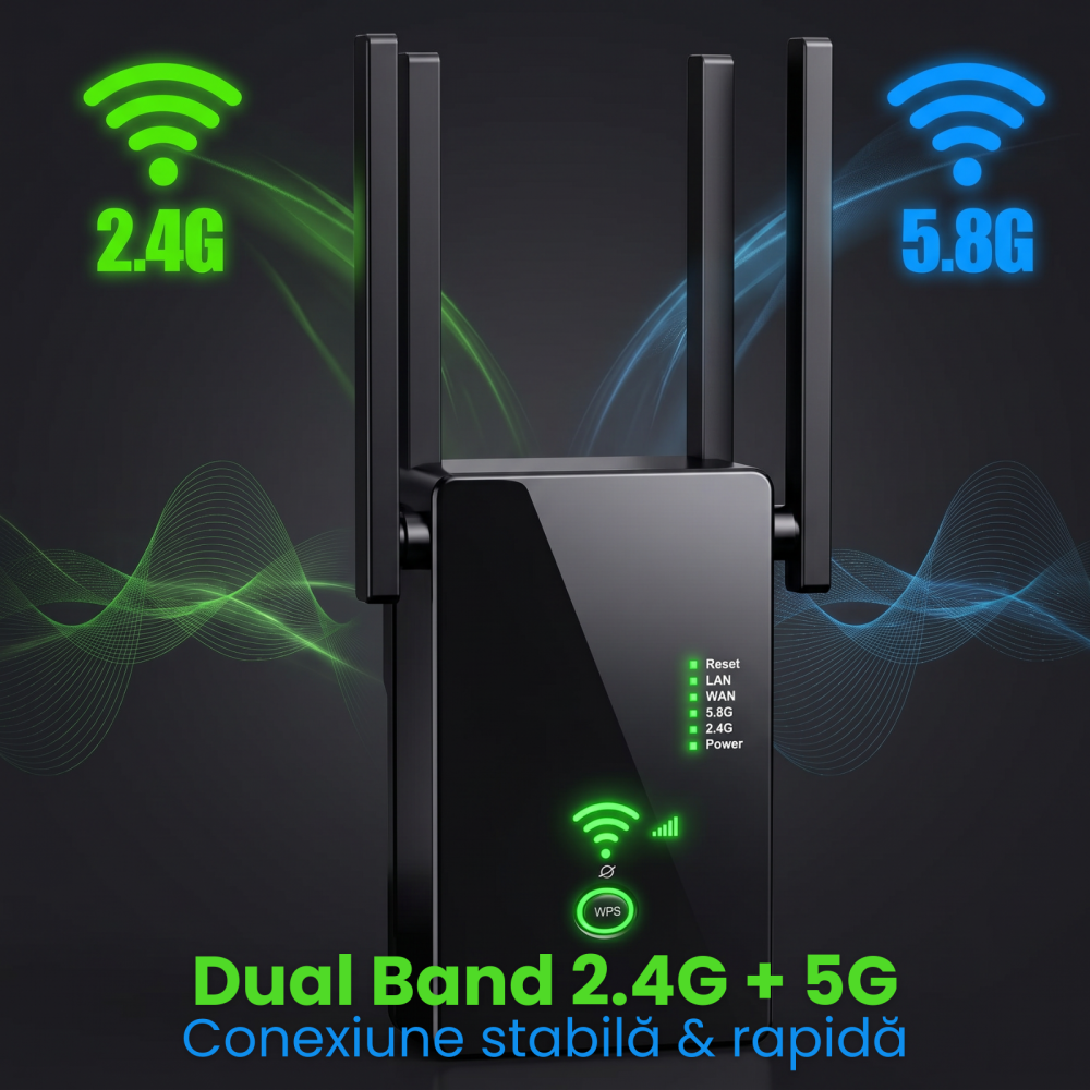 Amplificator Semnal HASEPE® Wireless WiFi 1200M Dual Band, Range Extender Amplificator Semnal Cu 4 Antene, Repeater Router Si AP, Amplificator Semnal Retea 2.4GHz 5GHz, Port LAN, Securitate WPA2, Ampl [3]