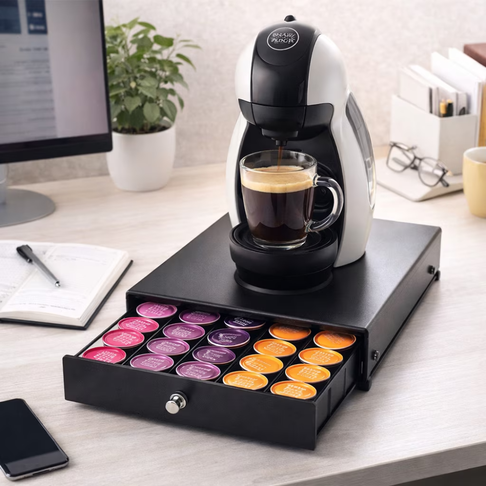 Sertar organizator capsule cafea HASEPE, compatibil capsule DOLCE GUSTOi capsule universale, Multifunctional pentu zahar si accesorii, Suport aparat cafea, Capacitate mare 30 capsule, 40x24x6 cm, Negr [5]