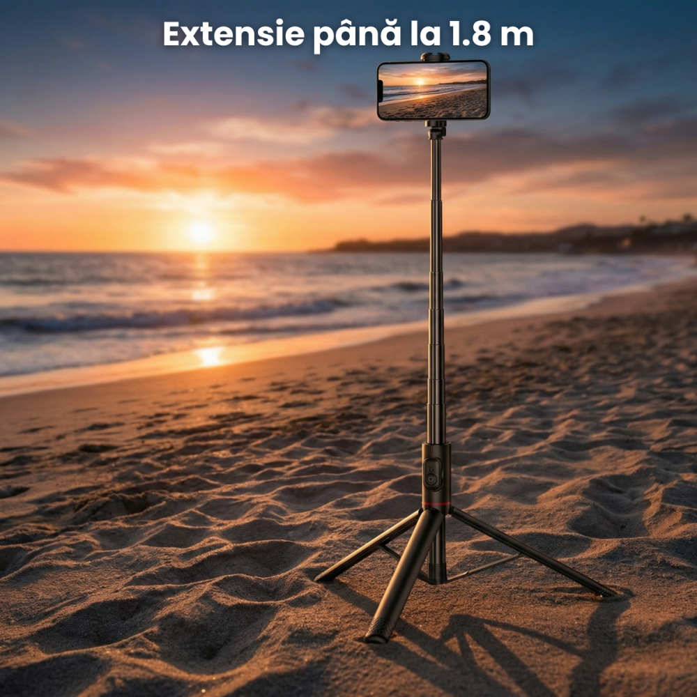 Trepied Foto HASEPE Telescopic Profesional 180cm Cu Telecomanda Bluetooth, Stativ Telefon Extensibil Din Aluminiu Si ABS, Trepied Foto Stabil, Stativ Telefon Reglabil Pentru Selfie Video Live, Negru [2]