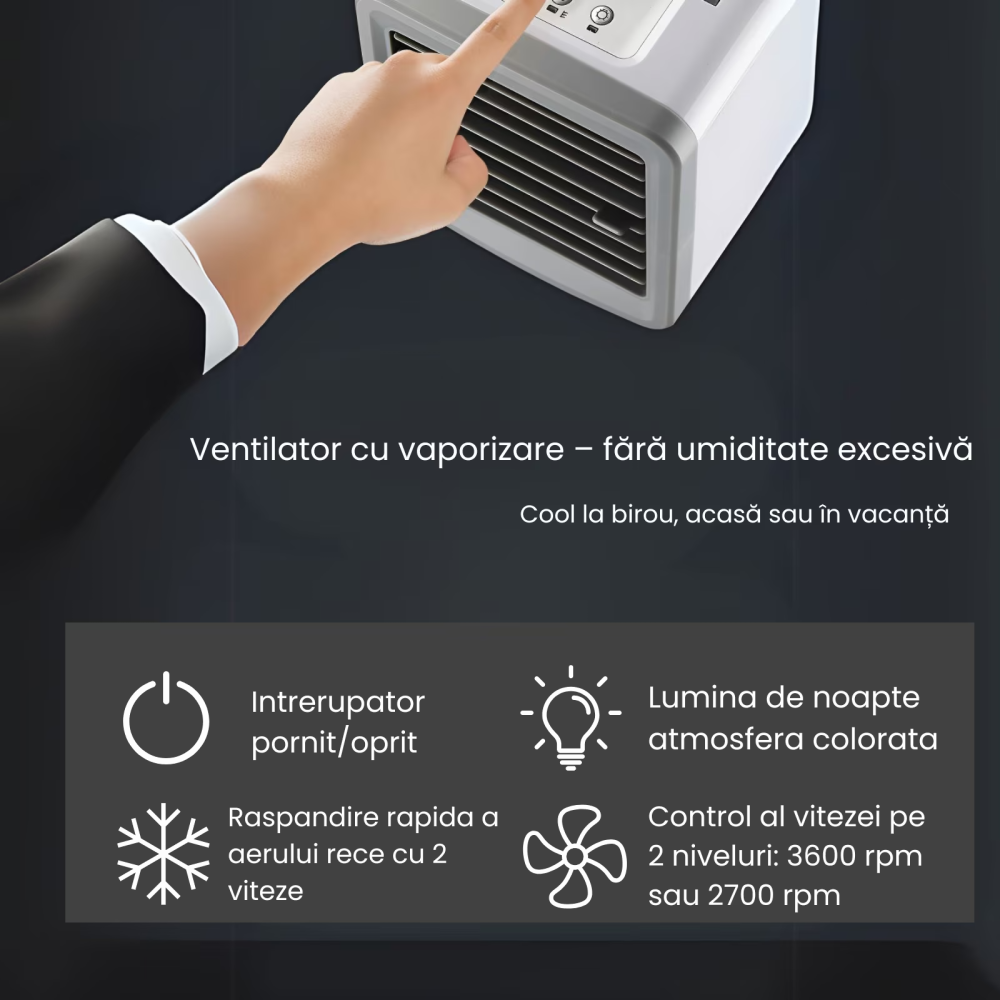 Racitor Ventilator aer portabil HASEPE, Ventilator pulverizare cu Apa, Mini aer USB, Silentios cu 2 viteze 3600 rpm/2700 rpm, Rezervor 200ml, Lumina LED, Buton ON/OFF, Climatizare Personala pentru Bir [4]