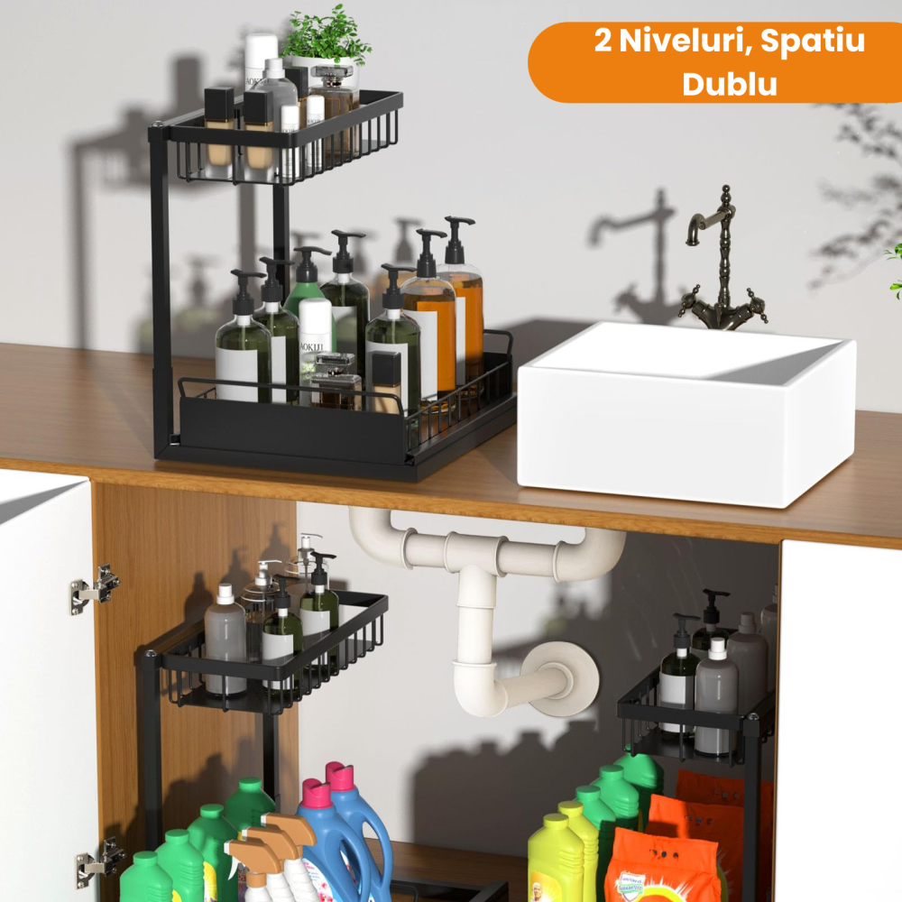 Organizator pentru dulap sub chiuveta HASEPE, 2 nivele, pentru bucatarie, baie, rafturi metalice, Negru [4]