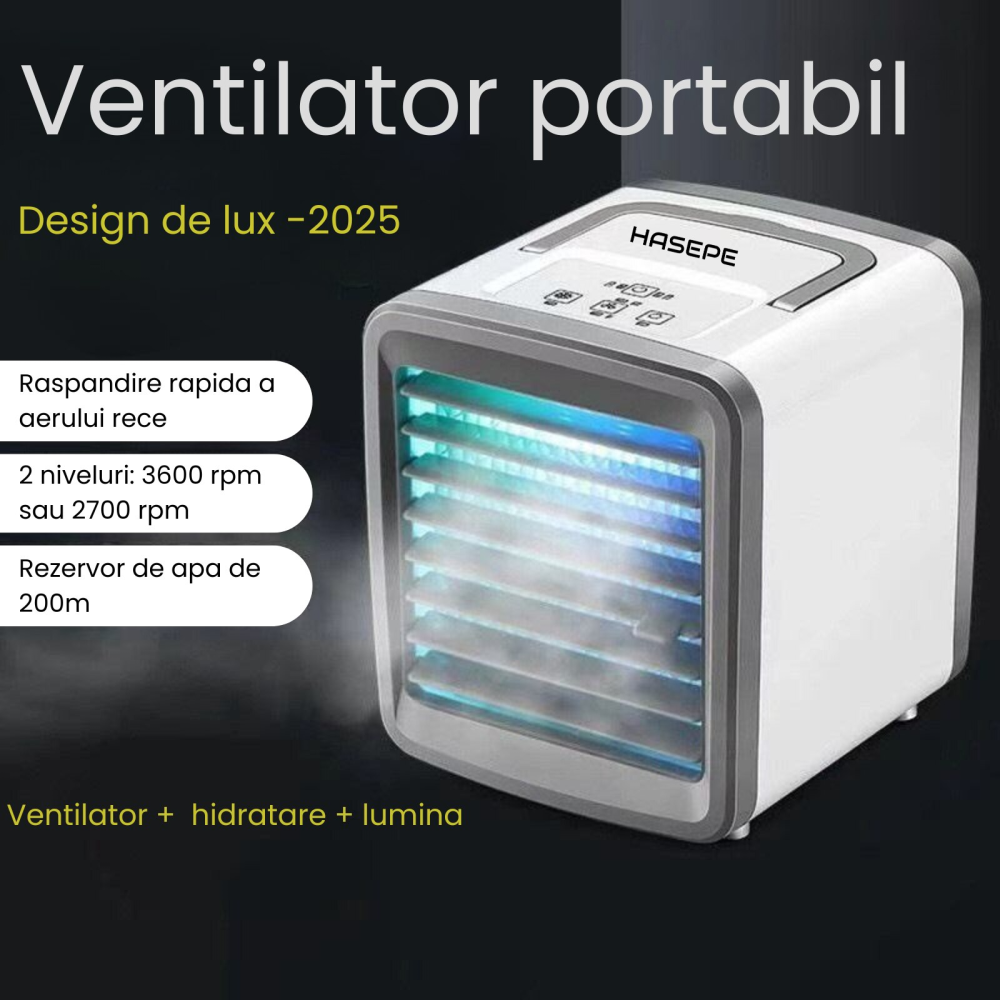 Racitor Ventilator aer portabil HASEPE, Ventilator pulverizare cu Apa, Mini aer USB, Silentios cu 2 viteze 3600 rpm/2700 rpm, Rezervor 200ml, Lumina LED, Buton ON/OFF, Climatizare Personala pentru Bir [2]