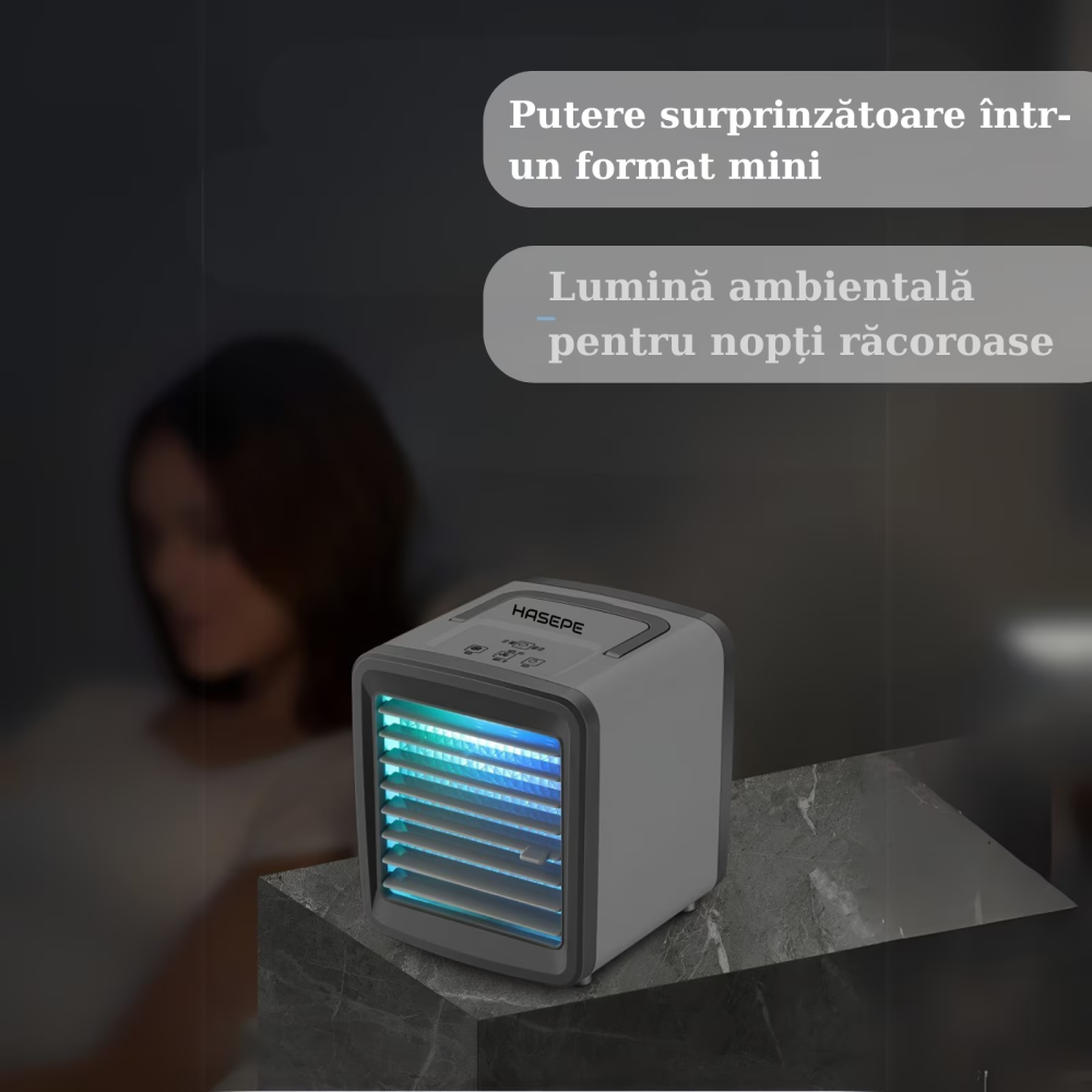 Racitor Ventilator aer portabil HASEPE, Ventilator pulverizare cu Apa, Mini aer USB, Silentios cu 2 viteze 3600 rpm/2700 rpm, Rezervor 200ml, Lumina LED, Buton ON/OFF, Climatizare Personala pentru Bir [5]