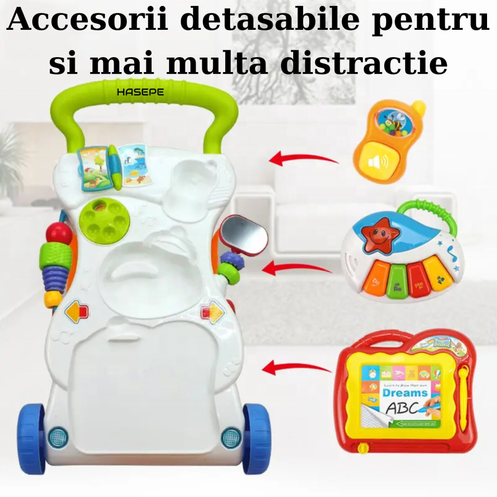 Antemergator copii 7 in 1 HASEPE, centru activitatI distractive, pian, telefon, oglinda, melodii, lumini, roti anti alunecare, viteza ajustabila, structura stabila, alb [8]