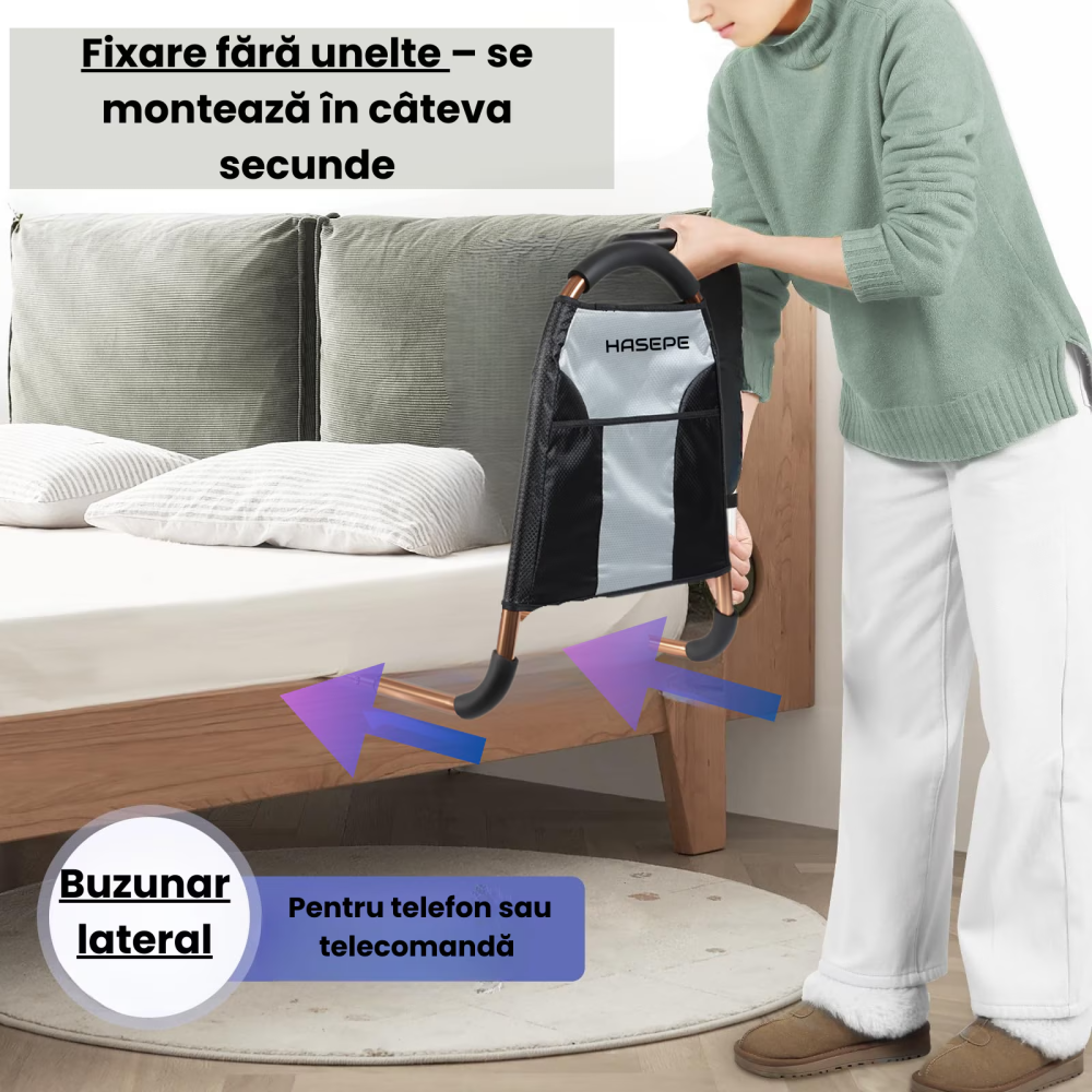 Maner de sprijin si balustrada pentru pat HASEPE, cu 3 bare de stabilizare si maner antiderapant, buzunar lateral, suport ridicare persoane varstnice, pacienti dupa operatie, femei insarcinate sau cu  [3]