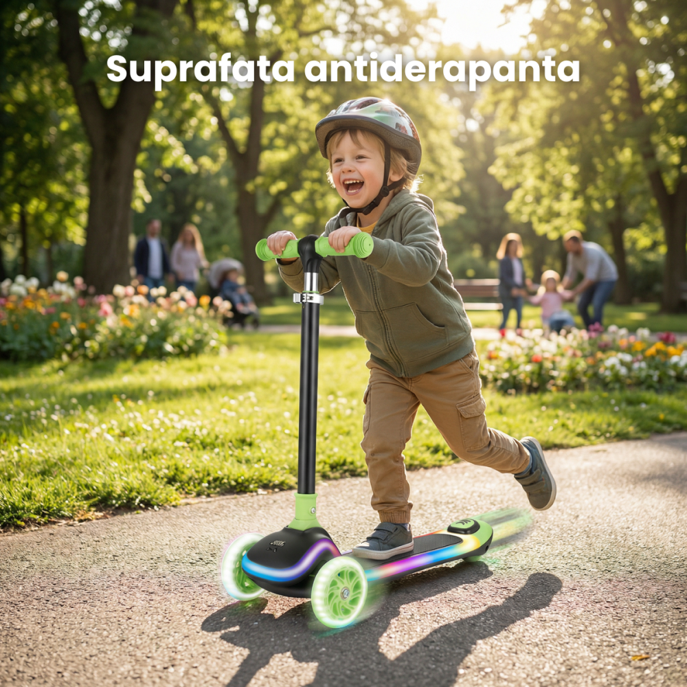 Trotineta Copii HASEPE Cu 3 Roti, Trotineta Cu Led In Roti, Inaltime 80 Cm, Ghidon Stabil, Design Pentru Echilibru, Trotineta Pentru Copii Usor De Folosit, Culoare Verde, Trotineta Copii Pentru Joaca [2]