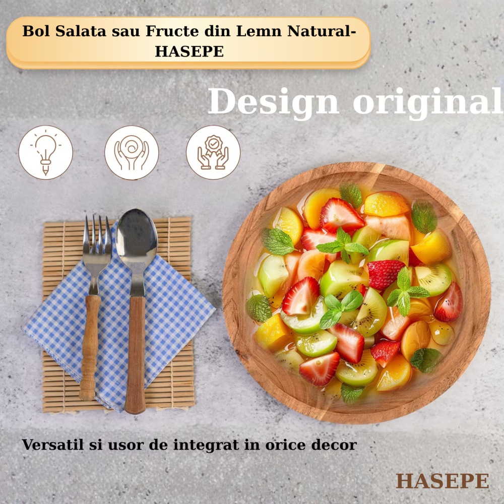 Bol mare pentru salată și fructe HASEPE, design rustic elegant, lemn natural, culoare închisă, 29x10.5cm, capacitate 3.5L [2]